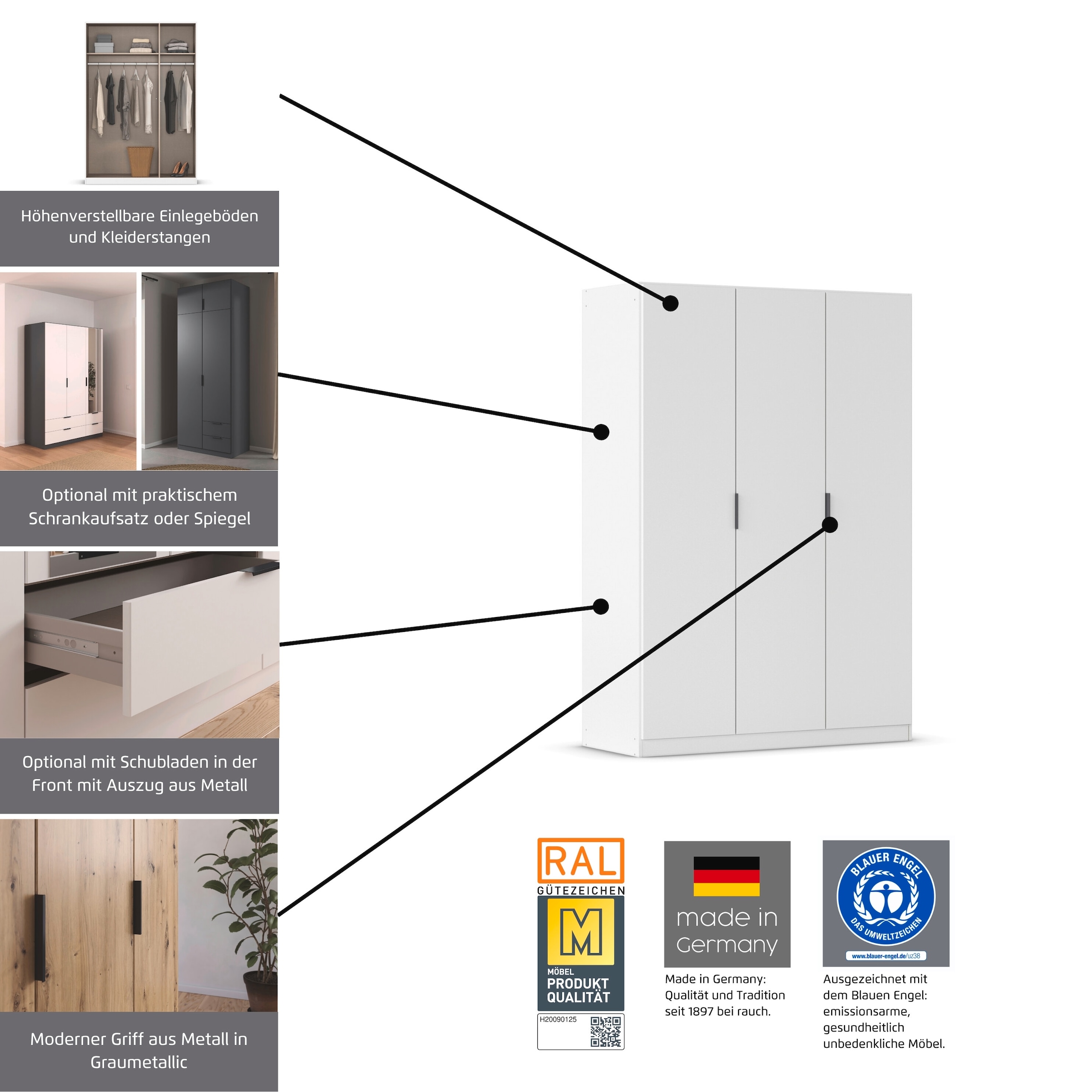 rauch Kleiderschrank »Drehtürenschrank Schrank Garderobe Ankleide Schlafzimmer LAGOA« 3 verschiedene Ausstattungen BASIC/CLASSIC/PREMIUM (inkl. SOFT-CLOSE),  geräumige Schubladen, 3 Breiten, optional mit Aufsatz MADE IN GERMANY