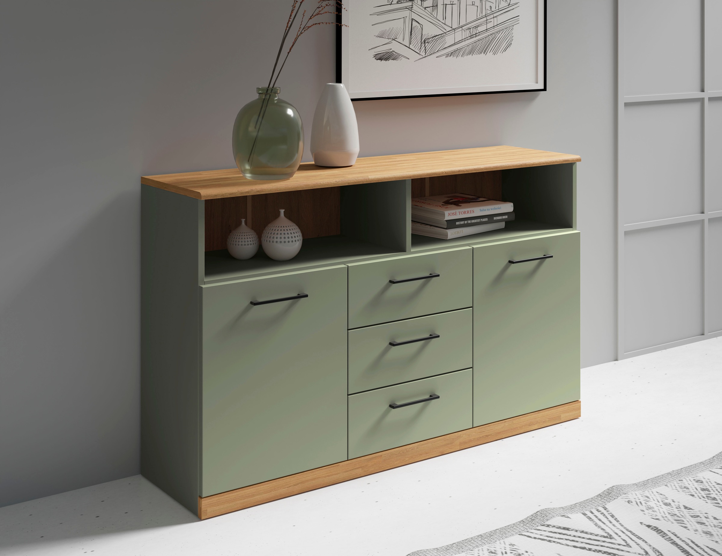 Image of GOODproduct Sideboard "Ribe,130cm breit,80cm hoch,Türen und Schubladen,6 Fächer" Oberplatte Eiche massiv,schwarze Metall Griffe
