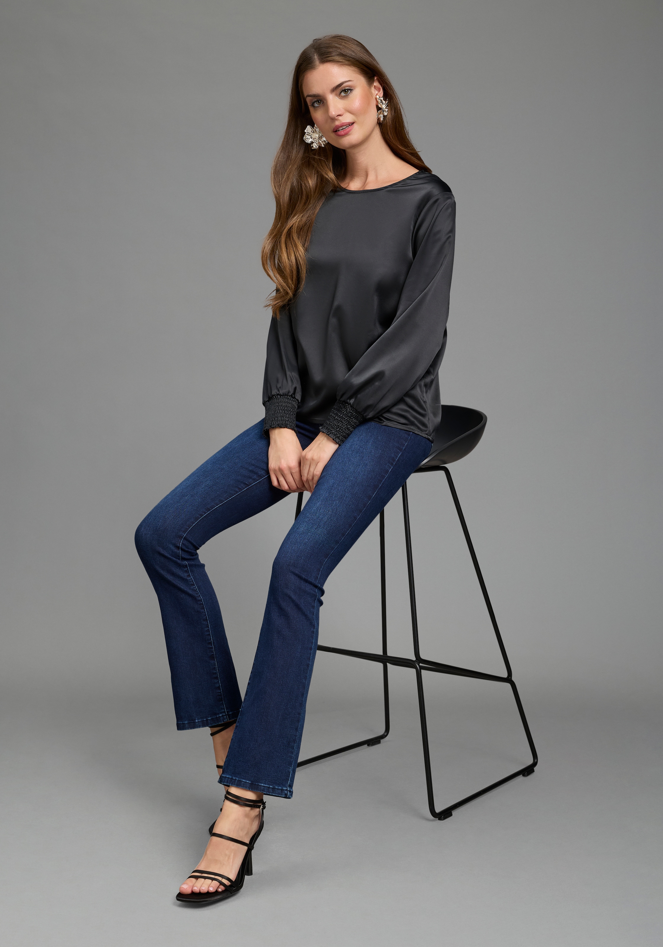 Laura Scott Blouse à enfiler Blouse en satin festive, bord côte élastique aux manches, tissu brillant