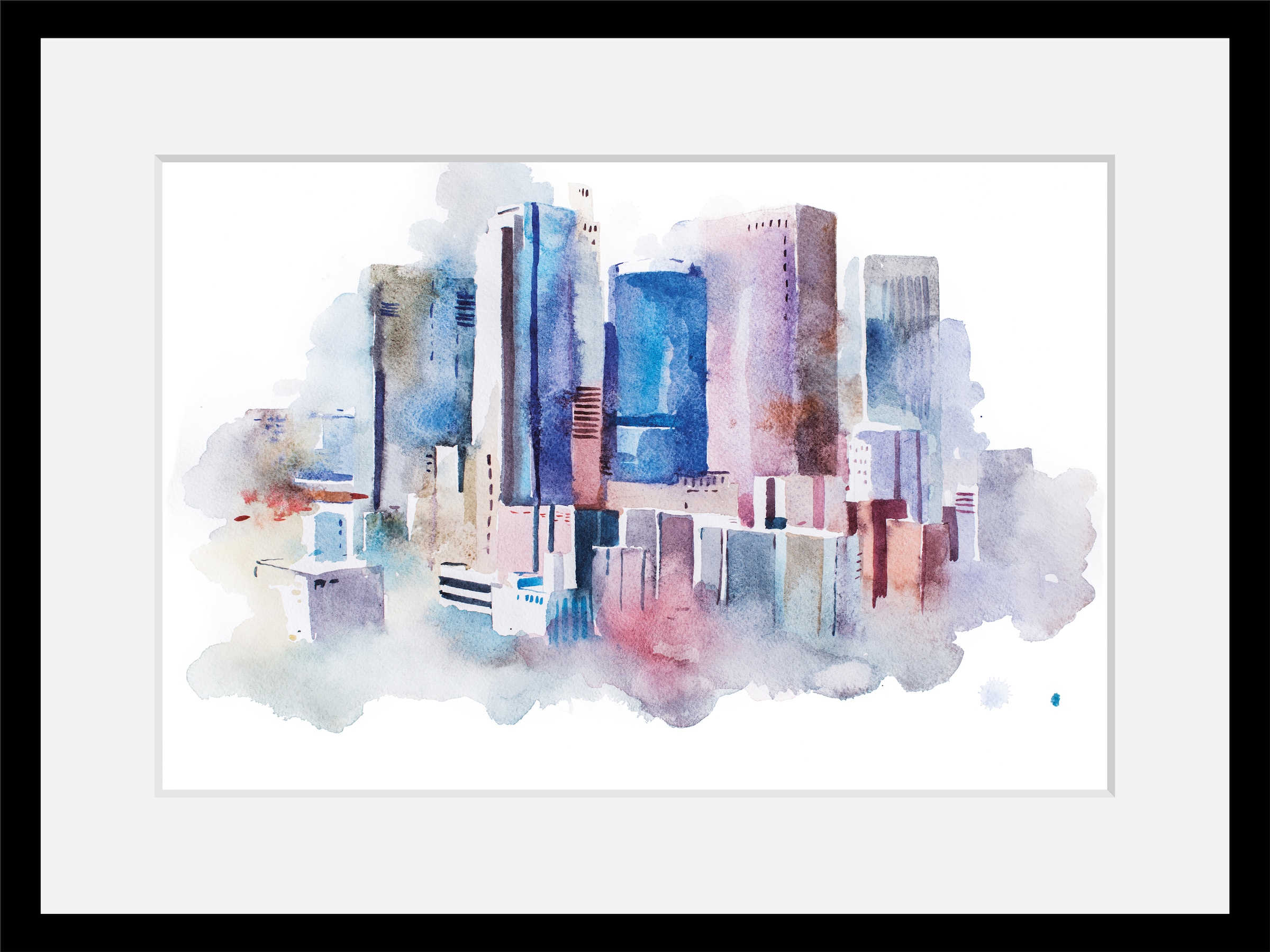 Image of queence Bild "Stadt in Aquarellfarben" Gebäude Himmel Kunst Stadt Städte HD Premium Poster-Druck inkl. Holzrahmen