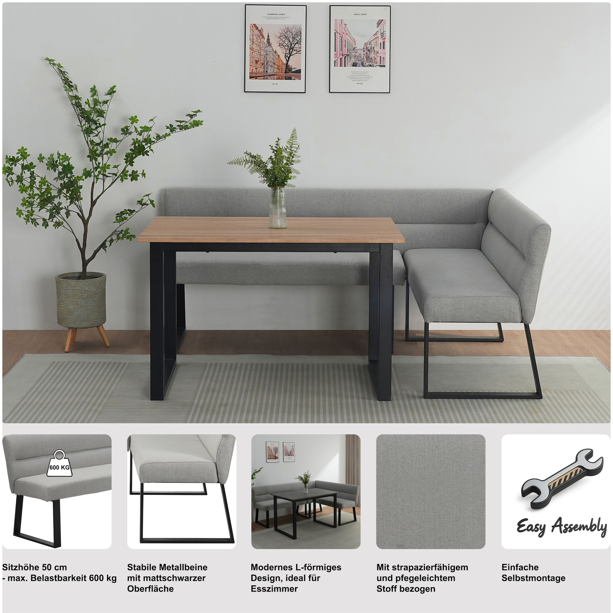 GOODproduct Essbank »Ivanna« schwarzes Metallgestell, Webstoff Bezug, Breite 193/152