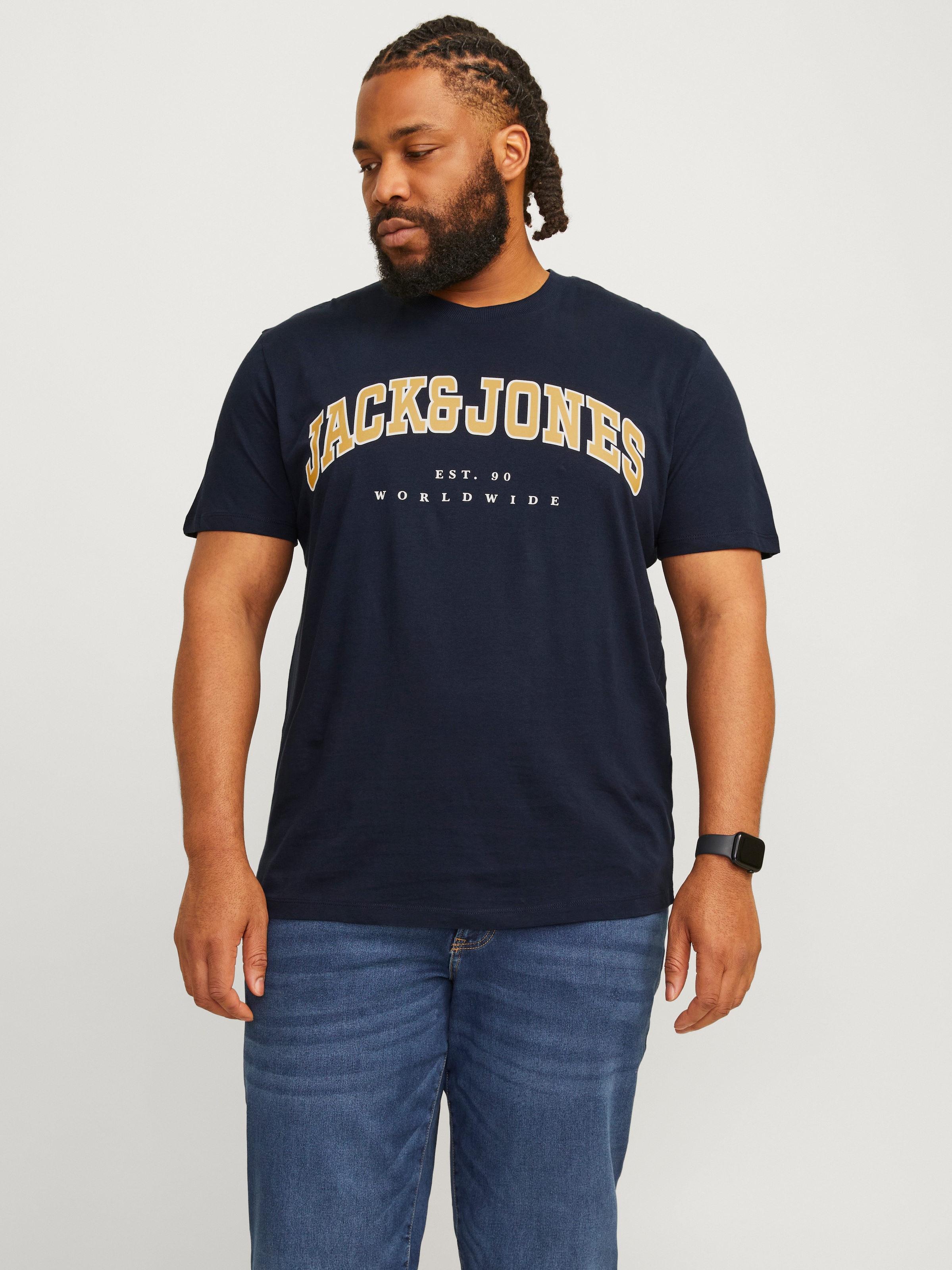 Image of Jack & Jones PlusSize T-Shirt "JJECALEB VARSITY TEE SS O-NECK NOOS PLS" mit Logobranding