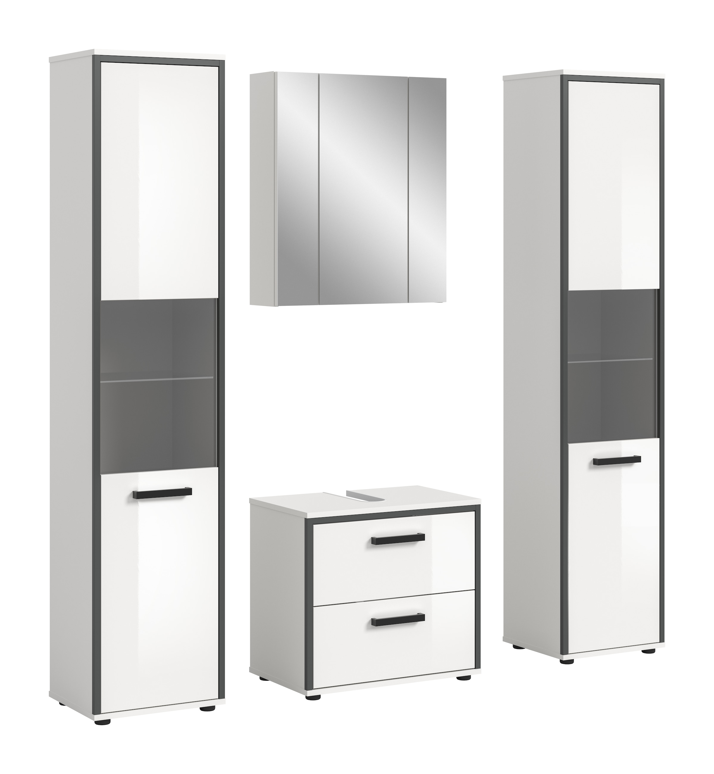 Image of welltime Badmöbel-Set "KAJO, 4-tlg. Badkombination, weiss hochglanz" Set, Set, best. aus:2Hochschränken, 1 WBU, 1 Spiegelschrank, 4 Stk. tlg.