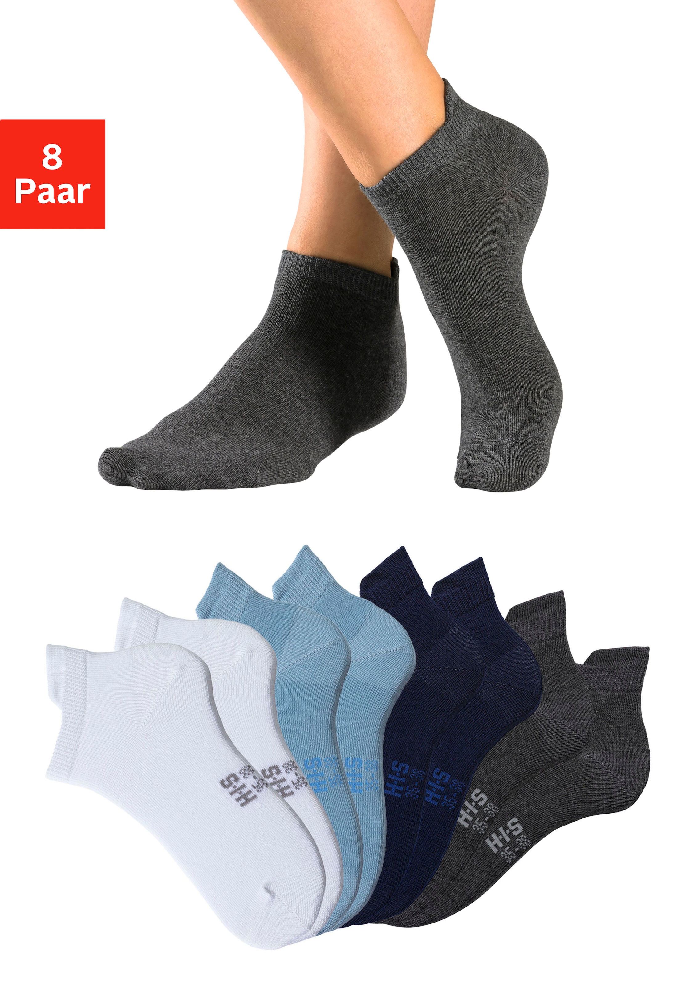 H.I.S Sneakersocken "Damen Herren kurze Sportsocken Laufsocken Atmungsaktive Baumwolle" Packung, 8 Stk. tlg. Knöchelsocken mit verlängertem Bündchen hinten