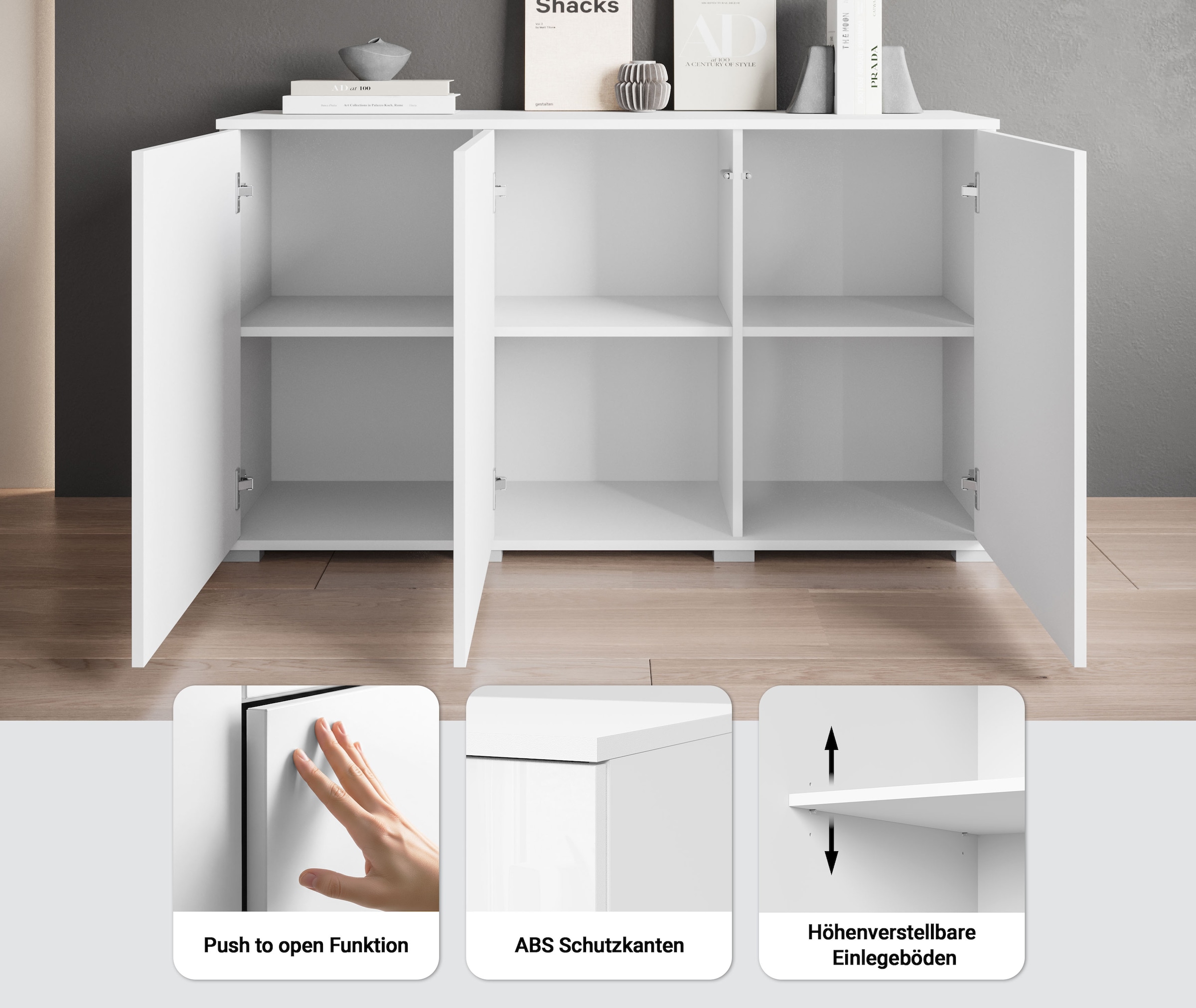 GOODproduct Sideboard »Kenia, moderne grifflose Kommode mit 3 Türen, Breite 120 cm« 1 Stk. tlg. Push-to-Open-Fronten, höhenverstellbaren Einlegeböden