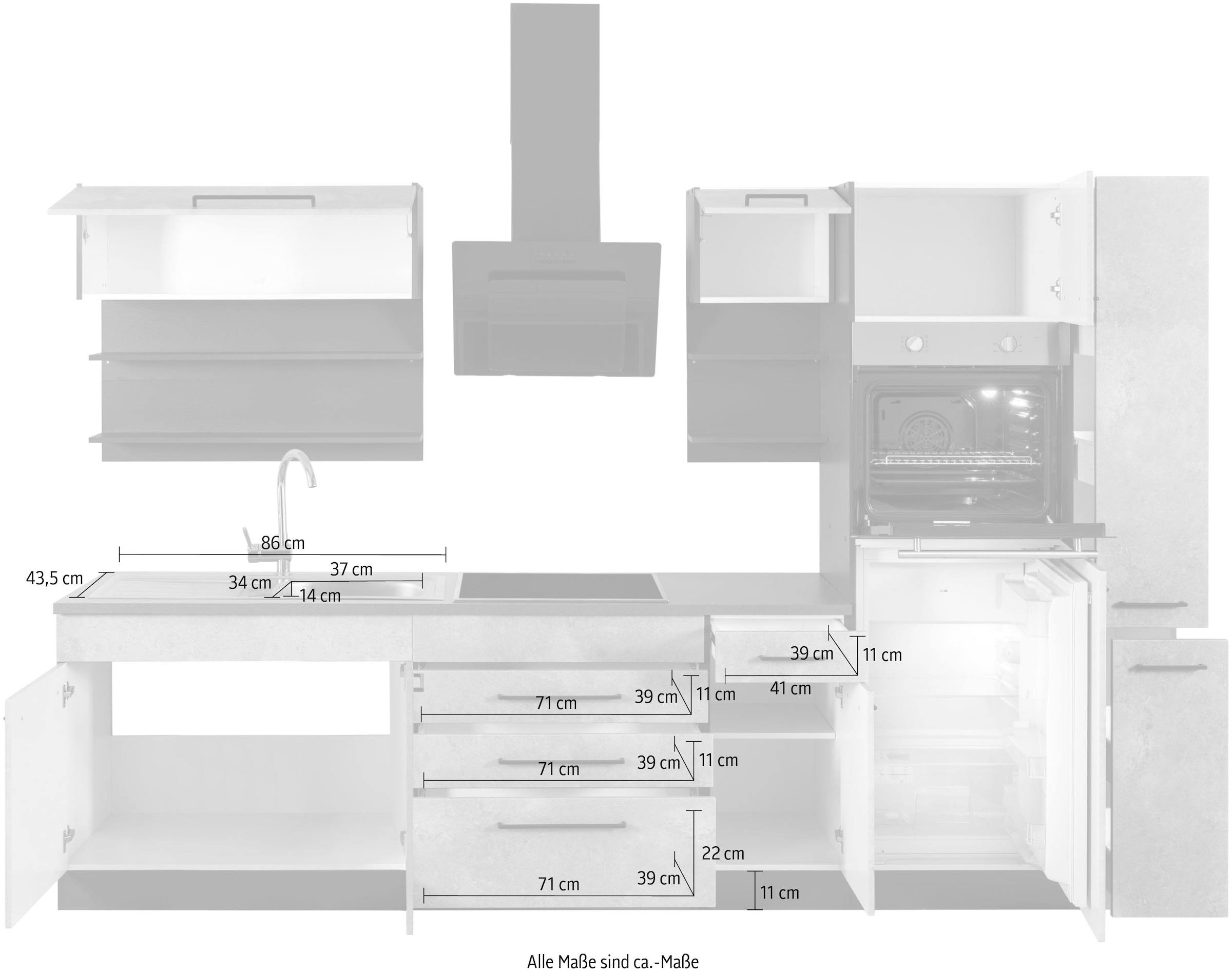 KOCHSTATION Küchenzeile »KS-Tulsa« ohne E-Geräte, Breite 320 cm, schwarze Metallgriffe, MDF Fronten