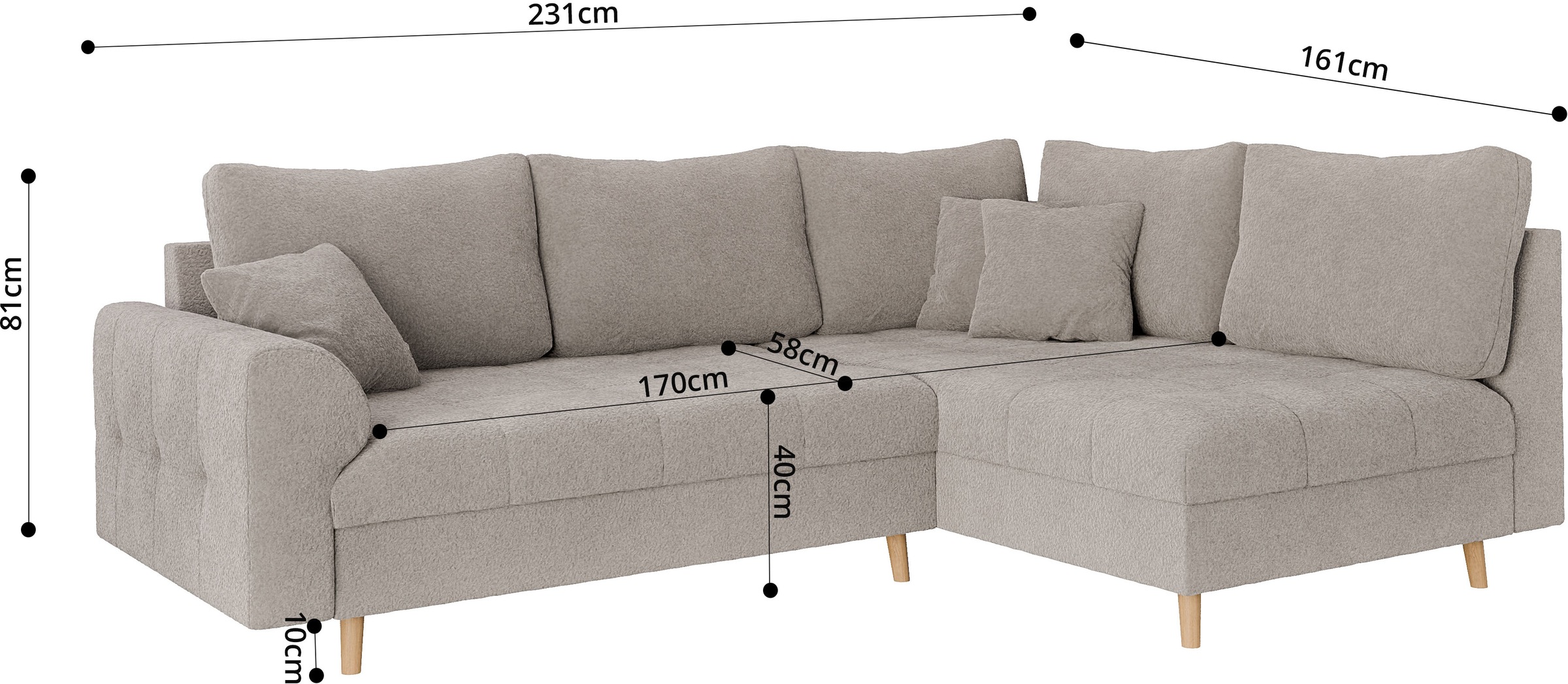 Home affaire Ecksofa »CHARRE L-Form mit Ottomane, Masse B/T/H: 231/161/81 cm«, feine Steppung, lose Rücken- und Zierkissen, auch in Cord und Bouclé