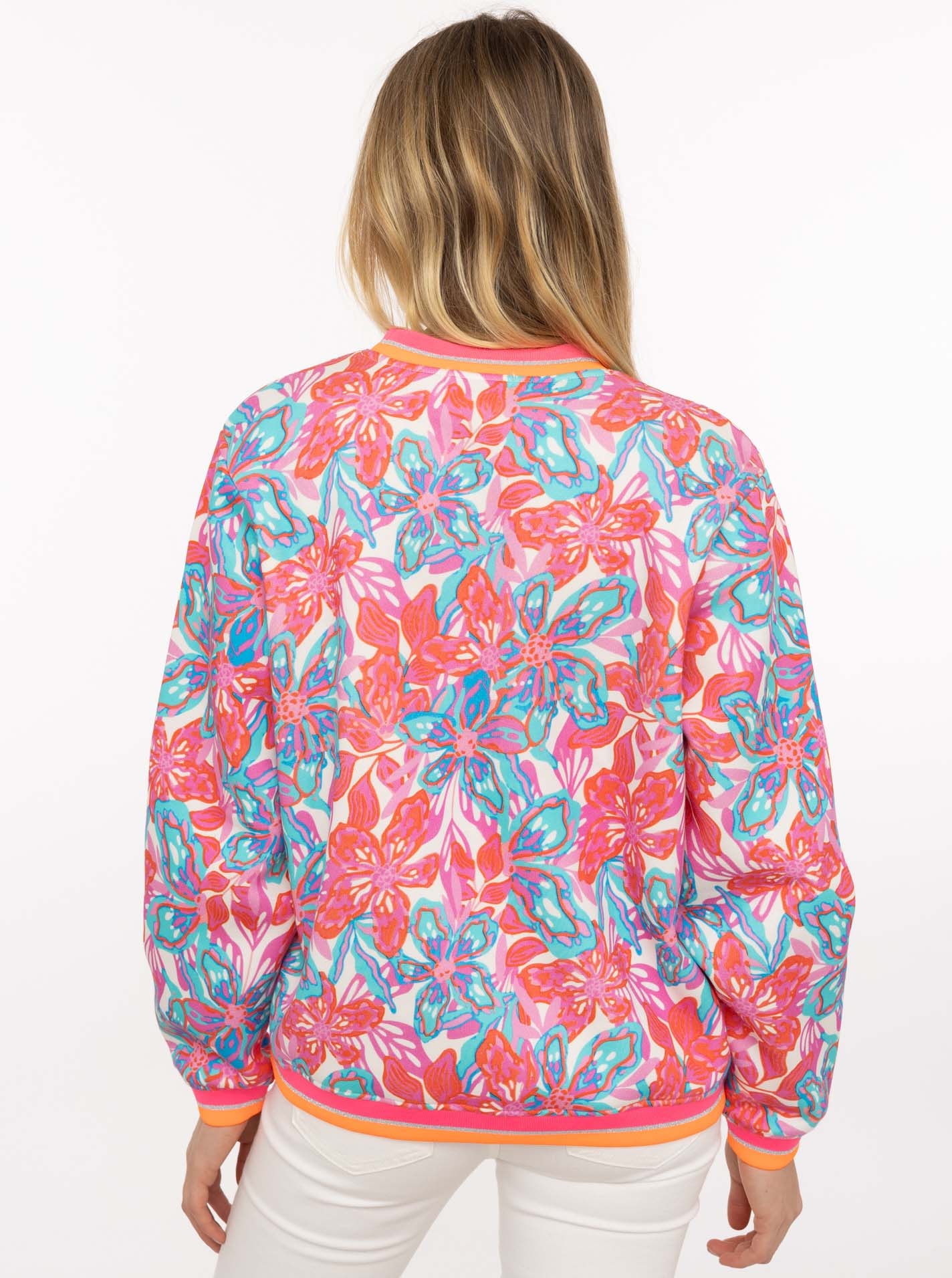 Zwillingsherz Hoodie »"Flower Sparkles"«, Rundhals, gestreifte Neon-Bündchen, florales Muster
