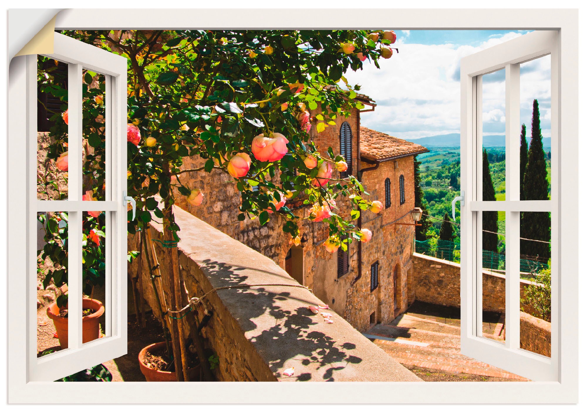 Image of Artland Wandbild »Fensterblick Rosen auf Balkon Toskana«, Garten, (1 St.), in vielen Grössen & Produktarten - Alubild / Outdoorbild für den Aussenbereich, Leinwandbild, Poster, Wandaufkleber / Wandtattoo auch für Badezimmer geeignet bei Ackermann Versand 