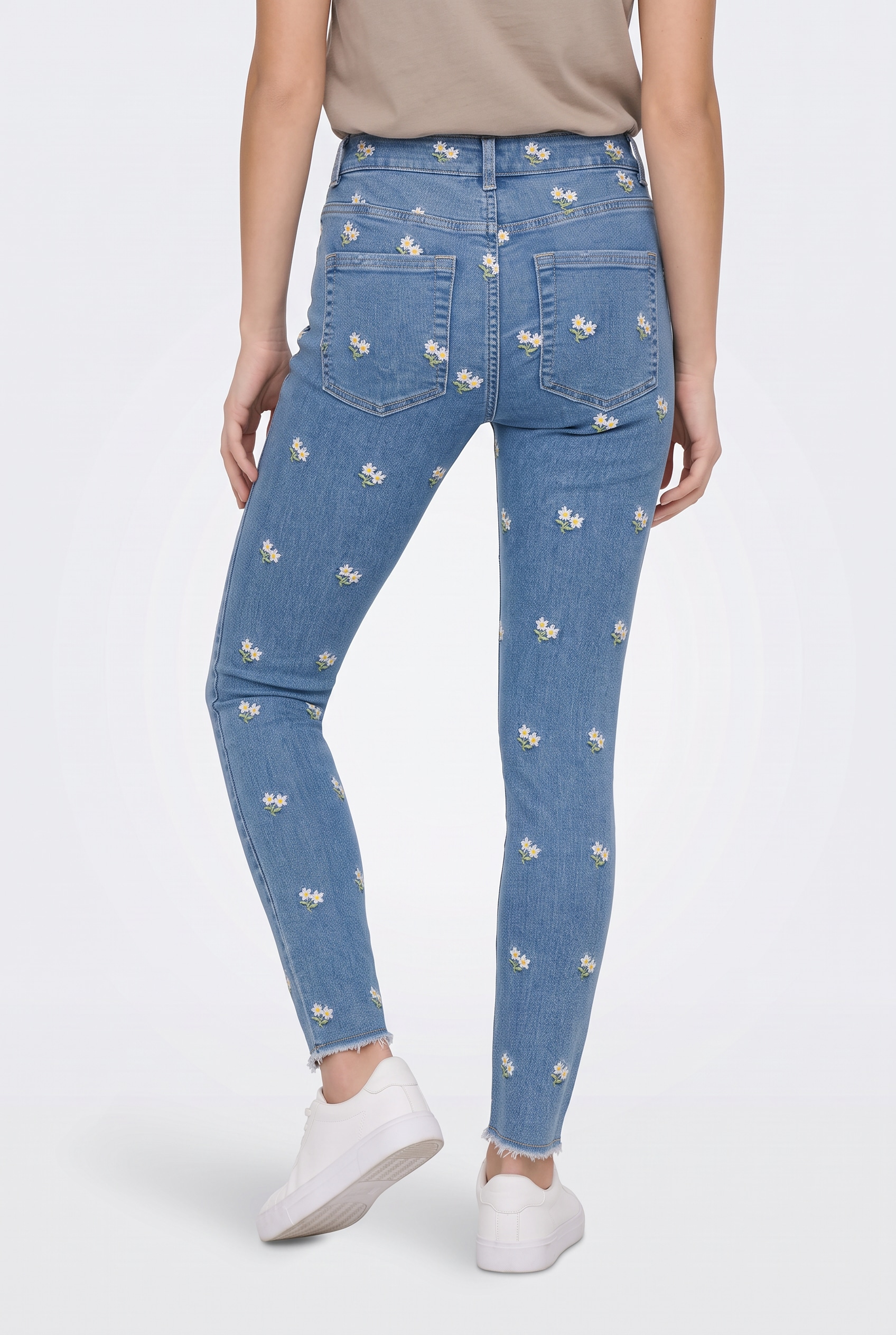 ONLY Jeans skinny »ONLHUSH MW EMB RW ANK SKINNY DNM« mélange de coton, coupe slim, broderie intégrale, ourlet ouvert