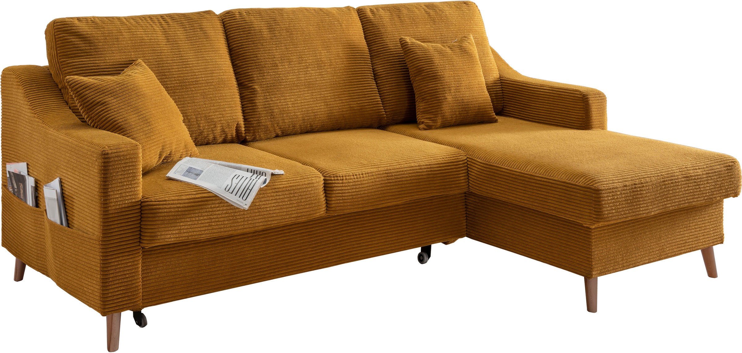 INOSIGN Ecksofa »Valentina L-Form«, 2 Zierkissen, mit Seitentasche, ausziehbarer Liegefläche, Bettkasten