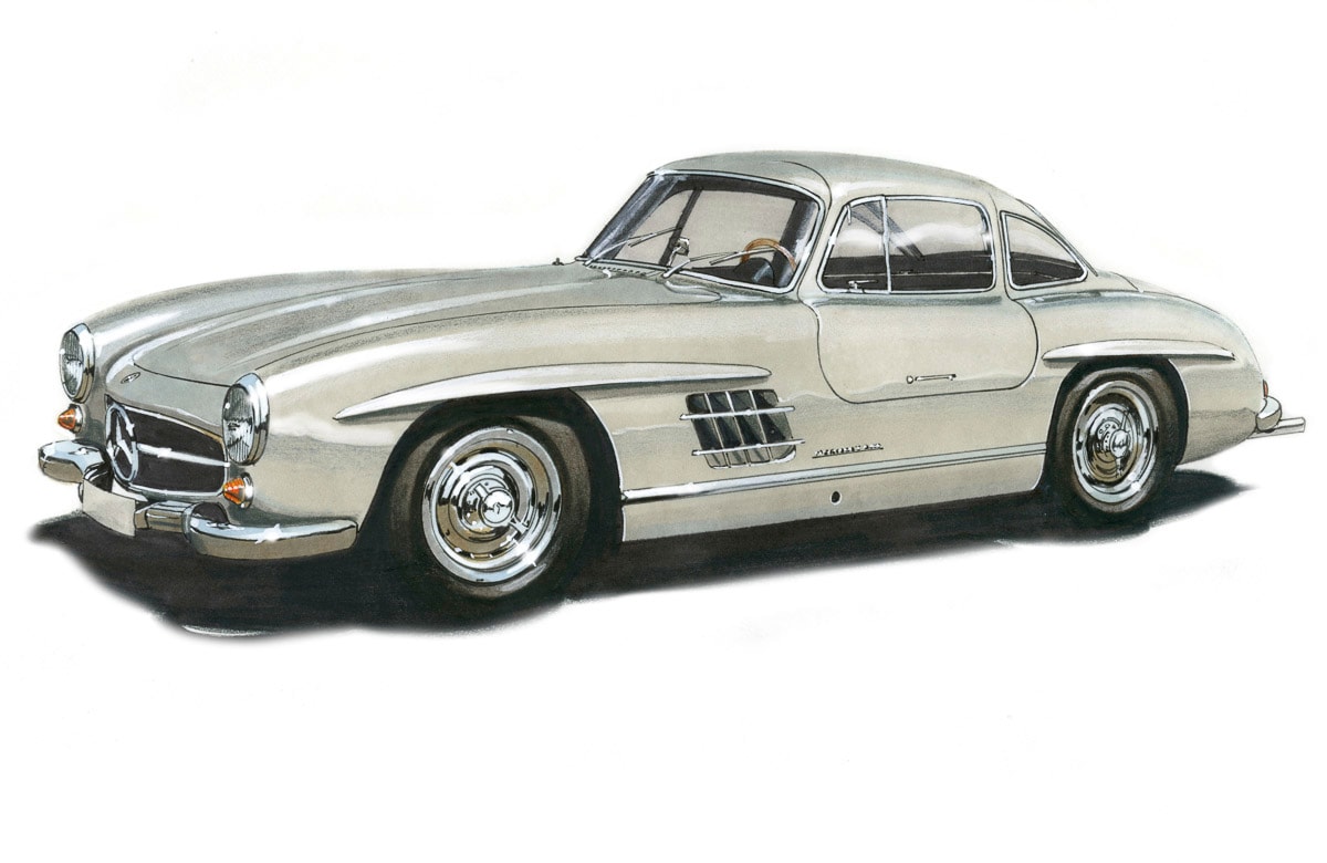 Image of Papermoon Fototapete "MB300SL GULLWING 1954 -VINTAGE AUTO ILLUSTRATION RETRO"