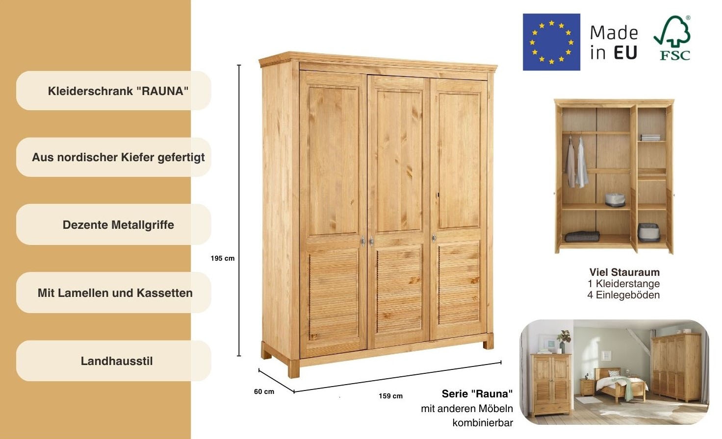 GOODproduct Kleiderschrank »Rauna, mit Lamellen und Kassetten, klassischer Landhausstil, rustikal« 2 Breiten: 113/159 cm H/T ca. 195/60 cm,  massive Kiefer, Metallgriffe, mehrere Varianten, zeitloses Design