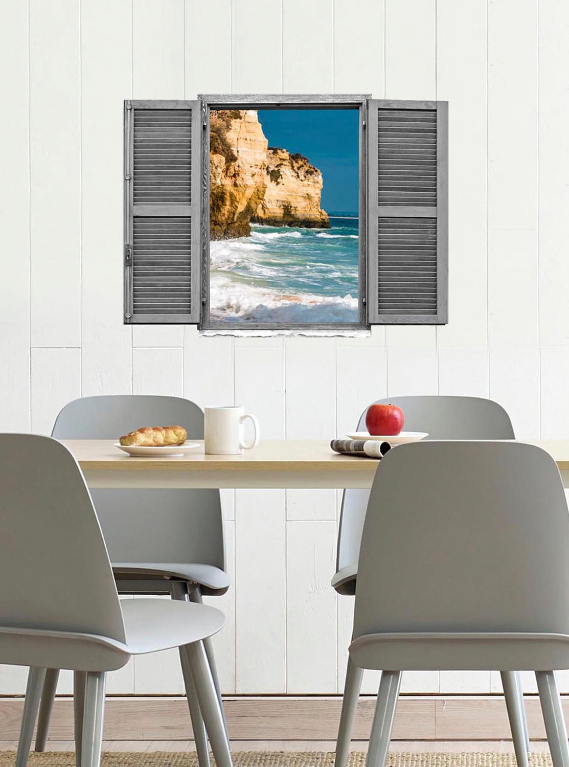 queence Wandtattoo »Klippen im Meer«, (1 St.), Wandsticker, Wandbild, selbstklebend, 3D, Fenster