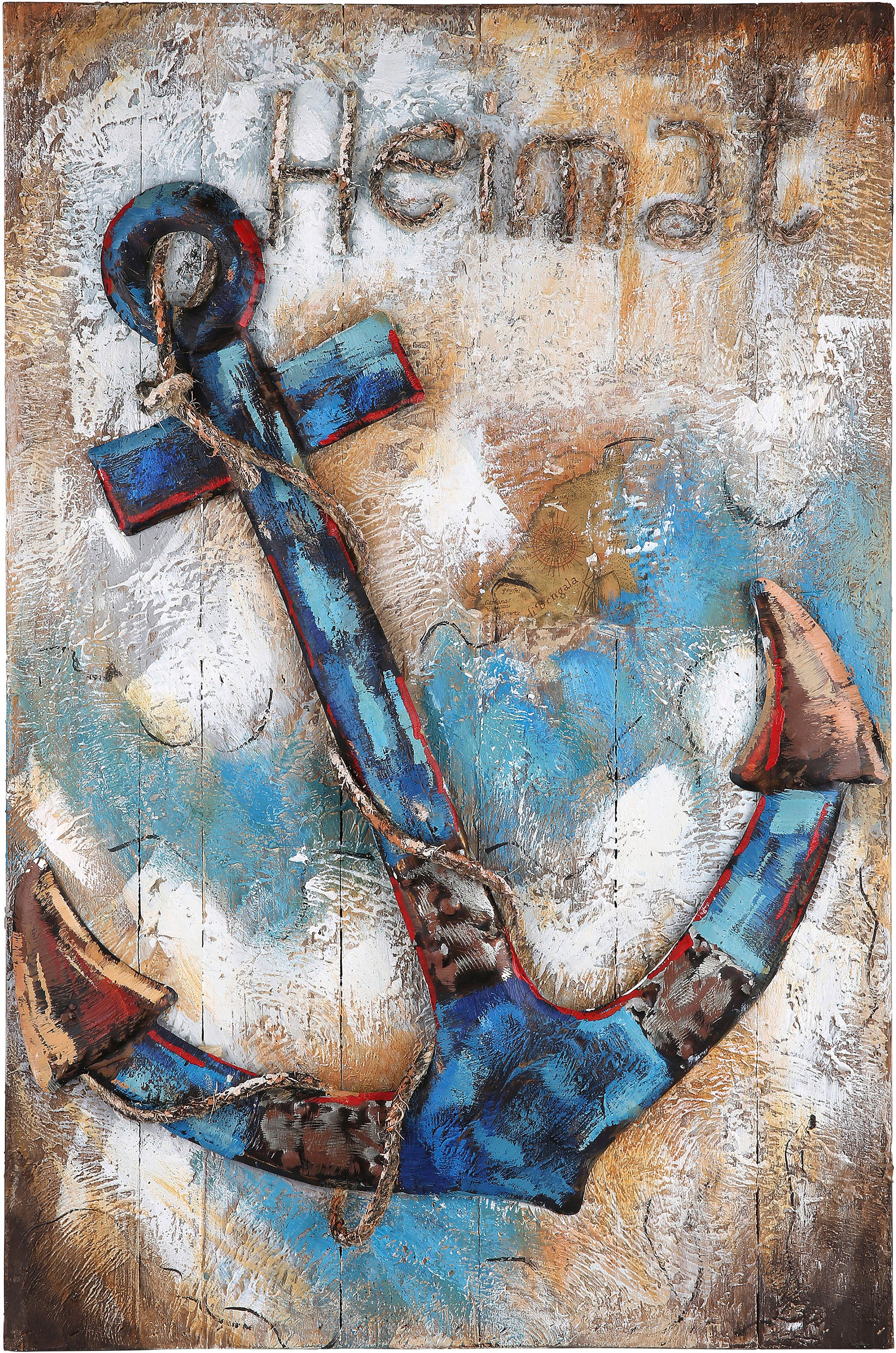Image of GILDE GALLERY Metallbild »Kunstobjekt Heimat-Anker«, Anker, (1 St.), handgearbeitet, 50x75 cm, aus Metall, 3D-Effekt, mit Schriftzug, maritim, dekorativ im Wohnzimmer & Schlafzimmer bei Ackermann Versand Schweiz