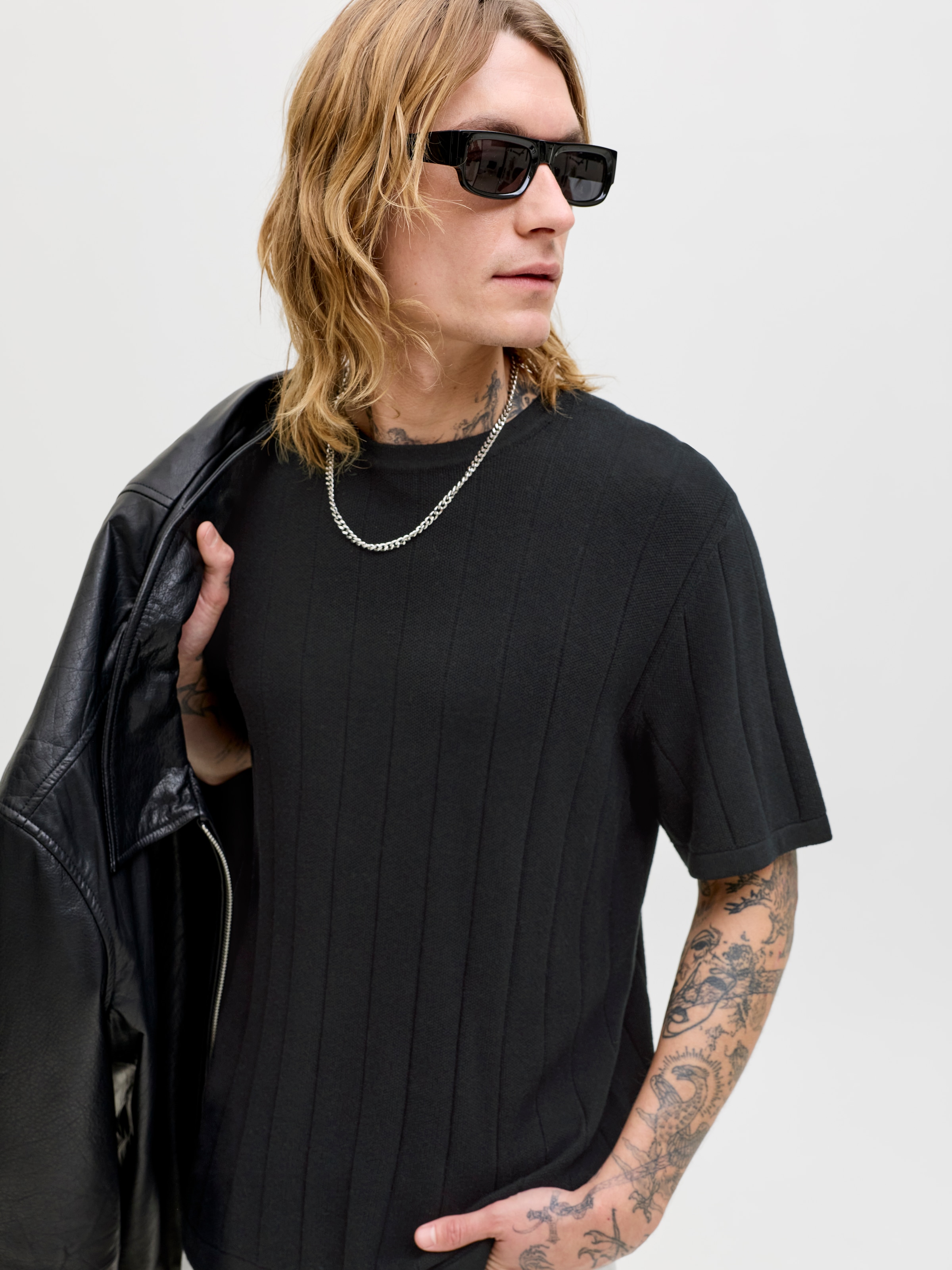 Jack & Jones Pull à manches courtes »JJEBRADLEY KNIT TEE SS LN« Coton, avec structure côtelée verticale