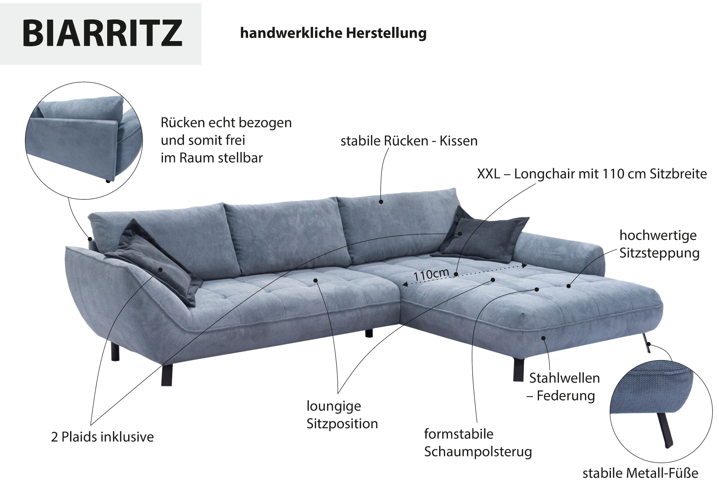 exxpo - sofa fashion Ecksofa »Biarritz modern und elegantes Mega Sofa mit tollem Sitzkomfort, L-Form«, XXL– Longchair Ecke in hochwertiger Verarbeitung, Stellmasse 324x203cm