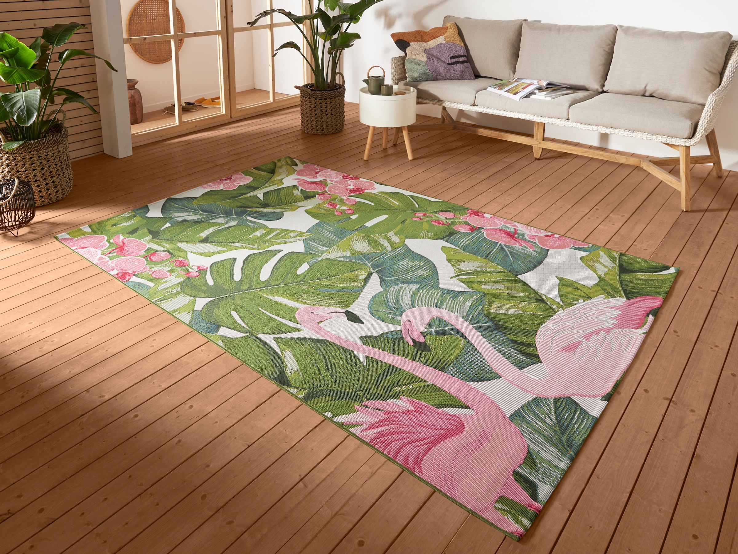 Image of HANSE Home Outdoorteppich "Tropical Flamingo" rechteckig 3 mm Höhe In-& Outdoor, Teppich, Wetterfest, Balkon, Garten, Wohnzimmer, Floral