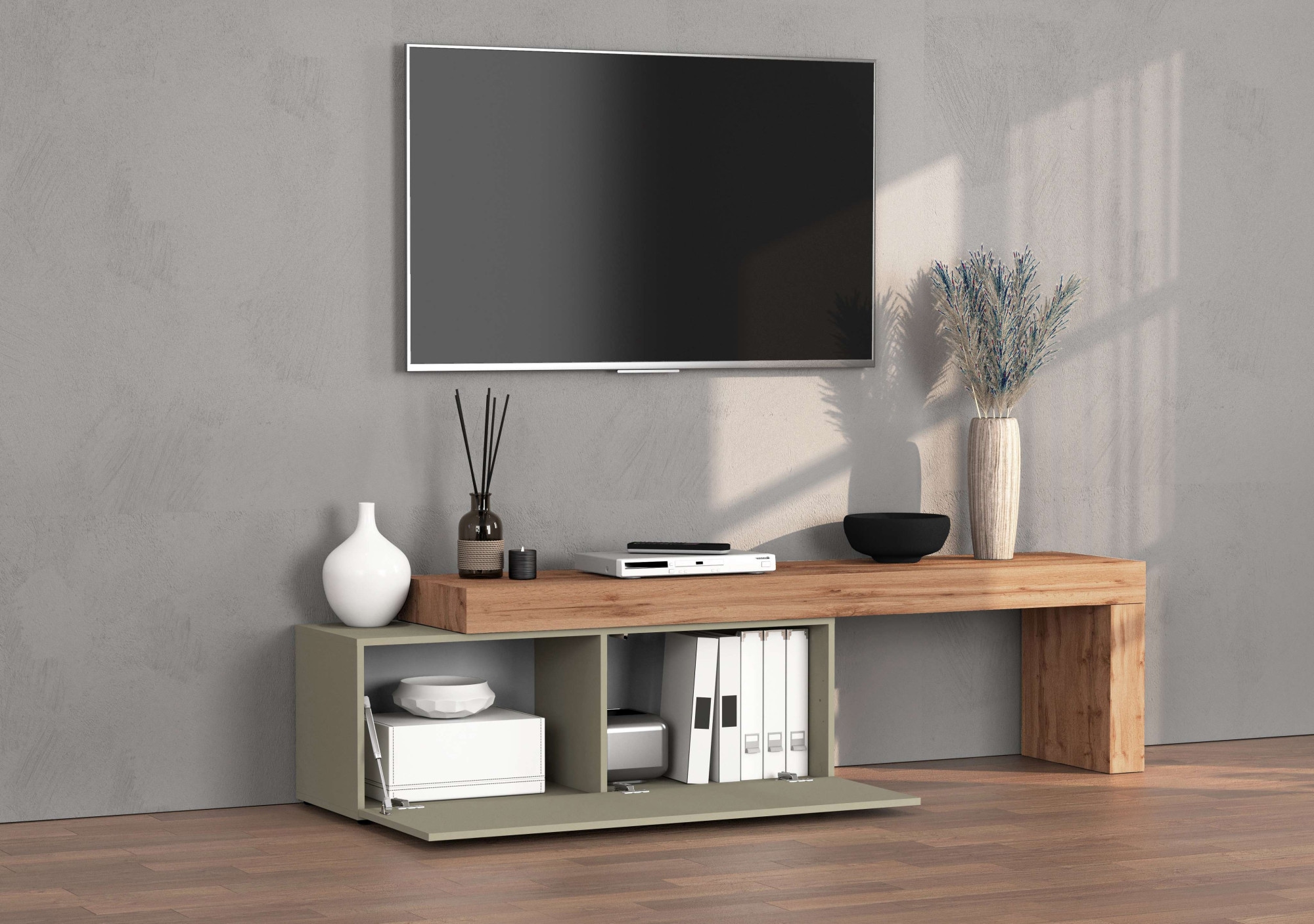 INOSIGN Lowboard »Chronos TV-Board, T-Schrank«, (1 St., Breite verstellbar von 180 bis 290 cm), Breite 240 cm TV-Board,Lowboard,1 Klappe und ein L-Förmiger Aufsatz
