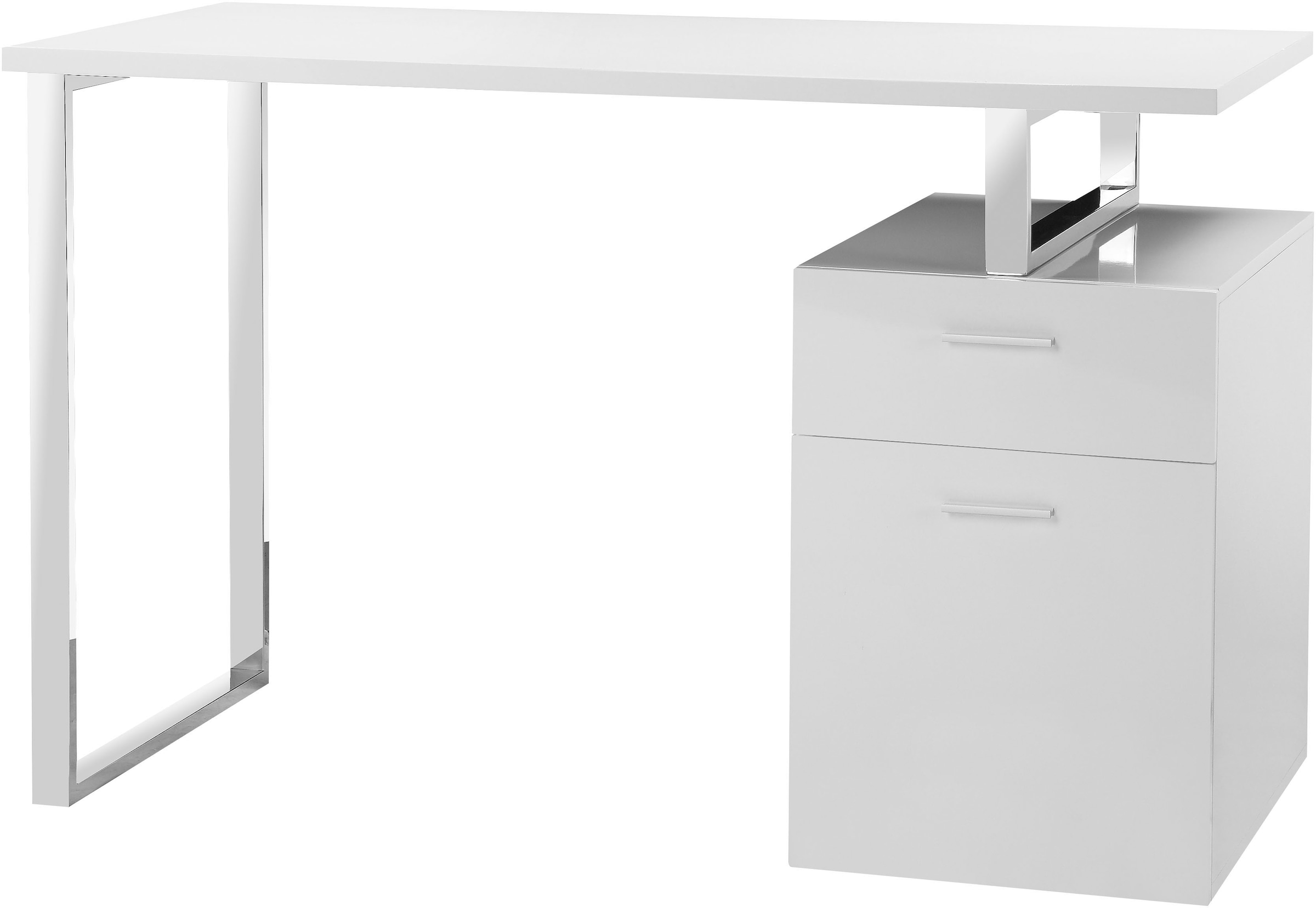 Places of Style Schreibtisch »FJUS, Hochglanz-Optik, mit Metallkufe, 1 Schublade und Tür«, Breite 120 bzw. 136 cm durch variabel montierbare Tischplatte