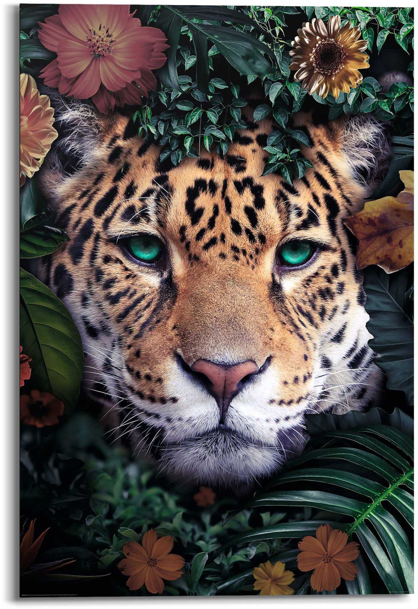 Image of Reinders! Wandbild »Wandbild Leopard Blumenkranz - Jungle - Farbenfroh«, Leopard, (1 St.) bei Ackermann Versand Schweiz