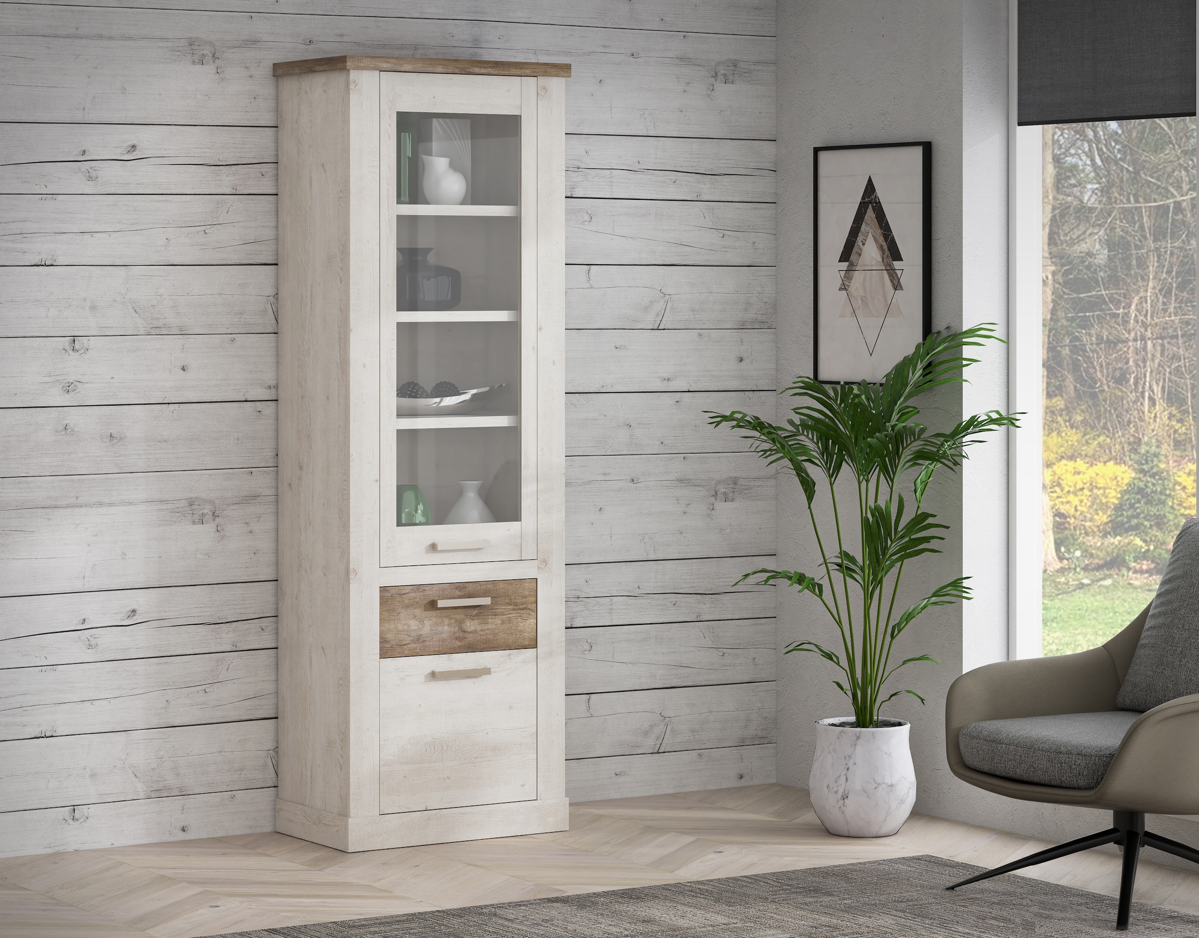 FORTE Vitrine »Duro« Höhe 212 cm, Glasvitrine mit Schublade, im Landhausstil