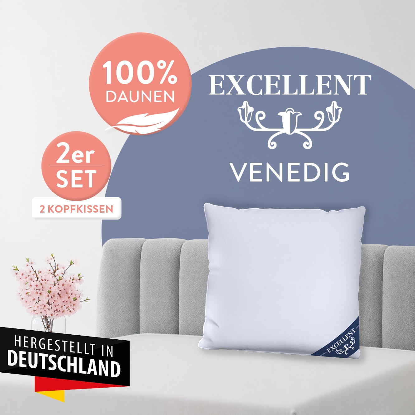 Excellent 3-Kammer-Kopfkissen "Venedig, Kissenparade1 tlg. oder 2 tlg. 40x40-80x80 cm" Füllung: weisseneueDaunenKlasseI100DaunenAussenweisseneueFedernKlasseI100FedernInnen 2 Stk. tlg. hergestellt in Deutschland