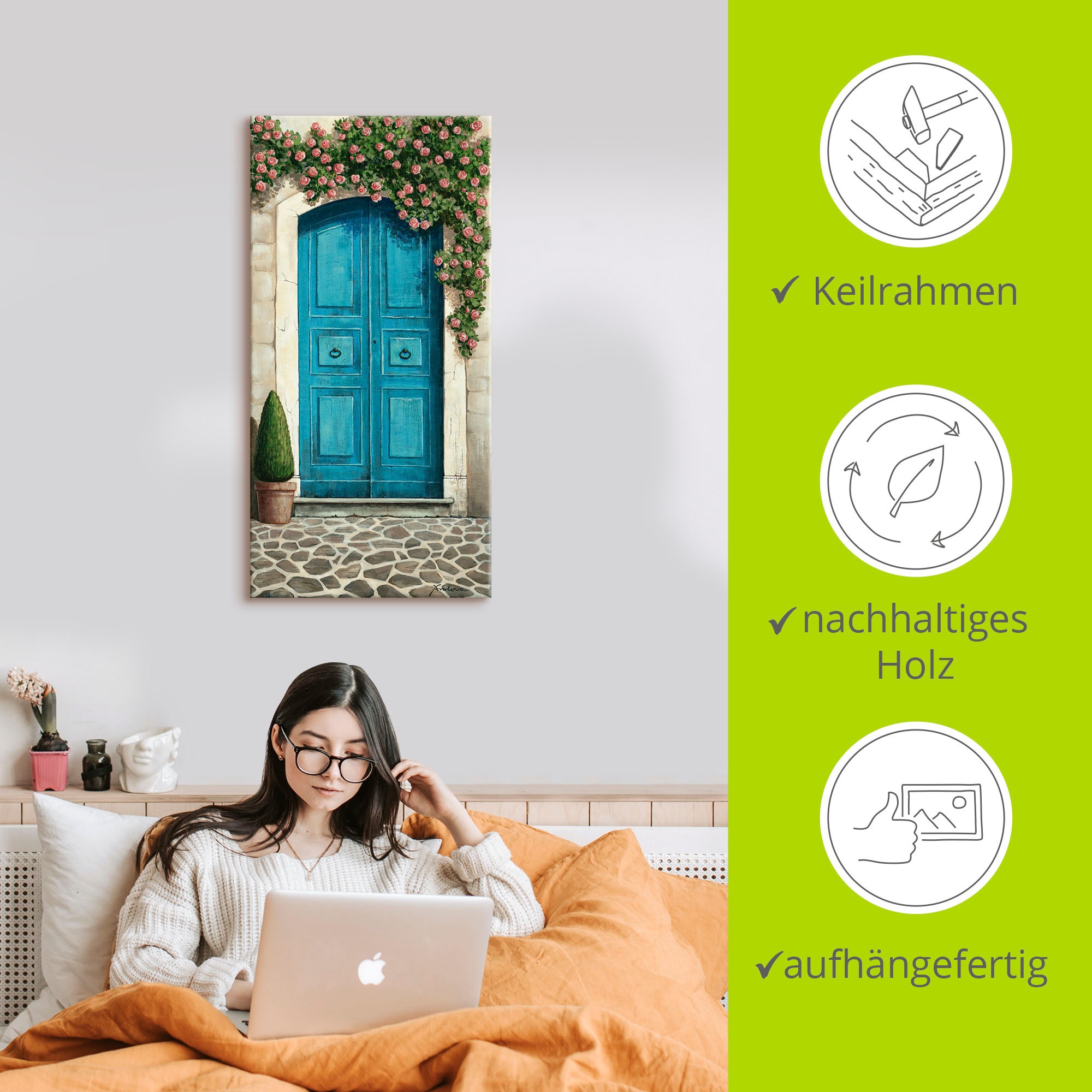 Artland Wandbild »Blaue Tür mit Kletterrosen«, Fenster & Türen, (1 St.), als Alubild, Outdoorbild, Leinwandbild, Poster, Wandaufkleber