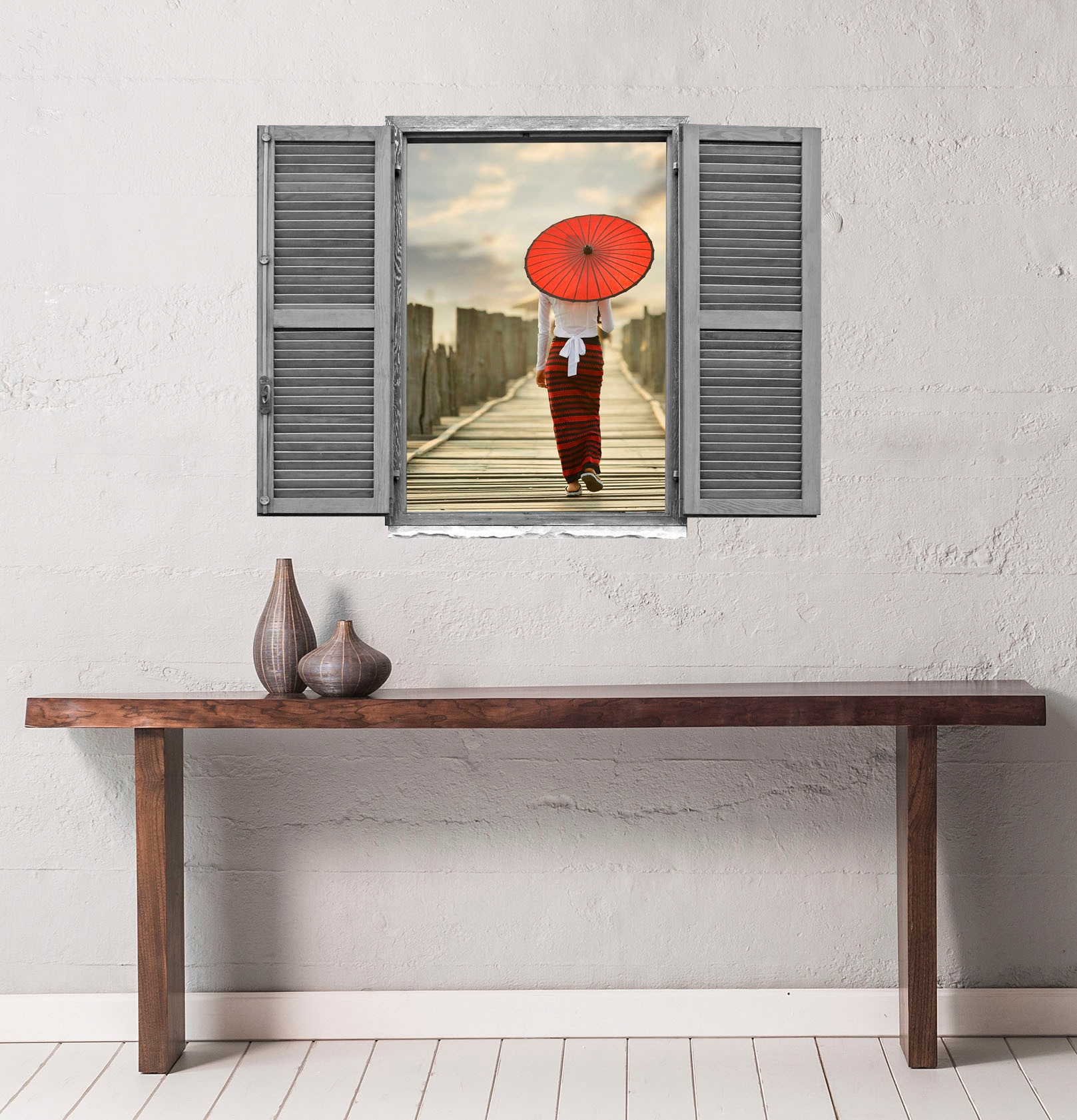 queence Autocollant mural »Frau auf Brücke« Wandsticker, Wandbild, selbstklebend, 3D, Fenster