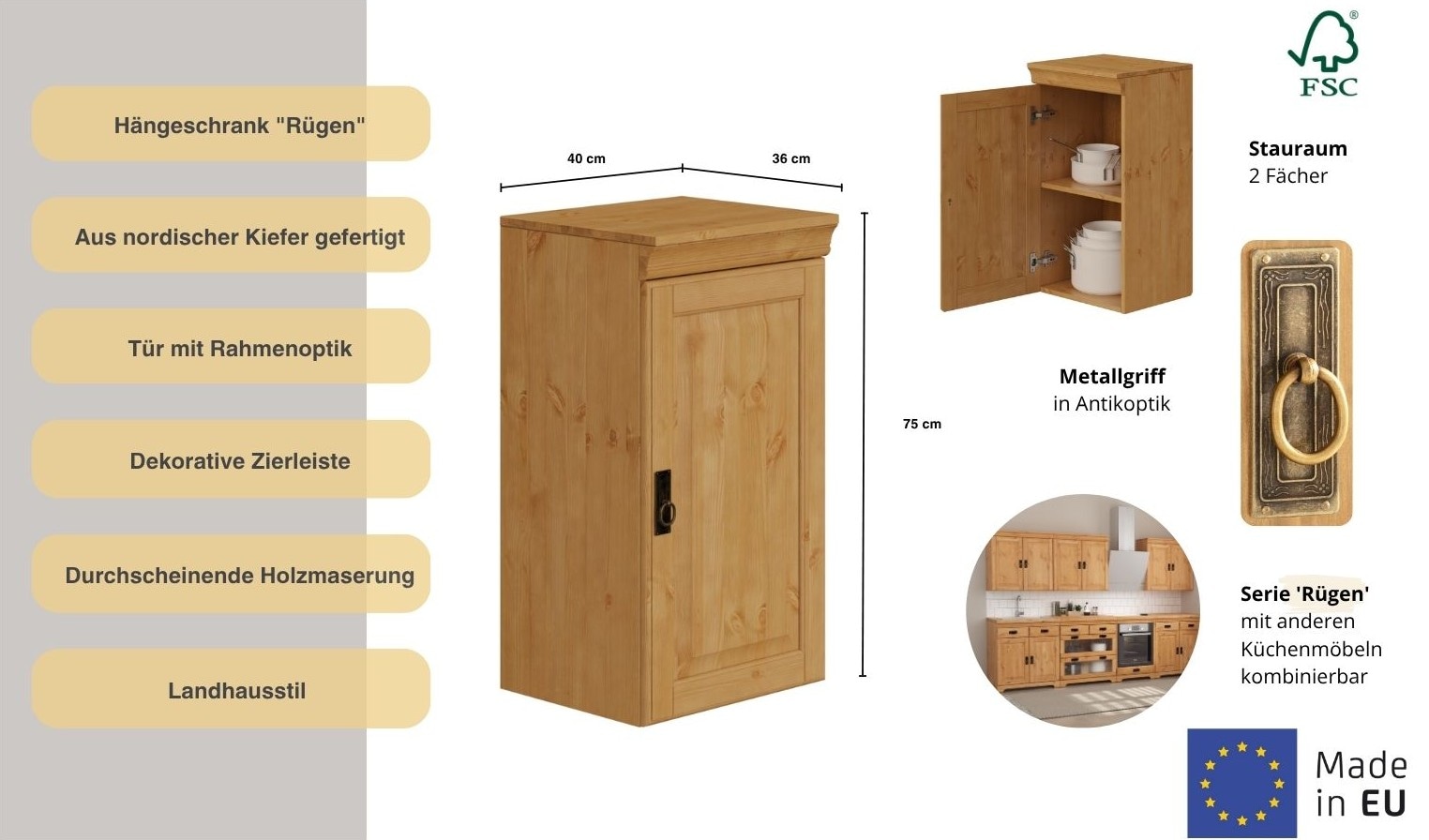 GOODproduct Armoire suspendue »Rügen« Breite 40 cm, FSC® zertifiziertes Massivholz, 1 Tür, 1 Einlegeboden