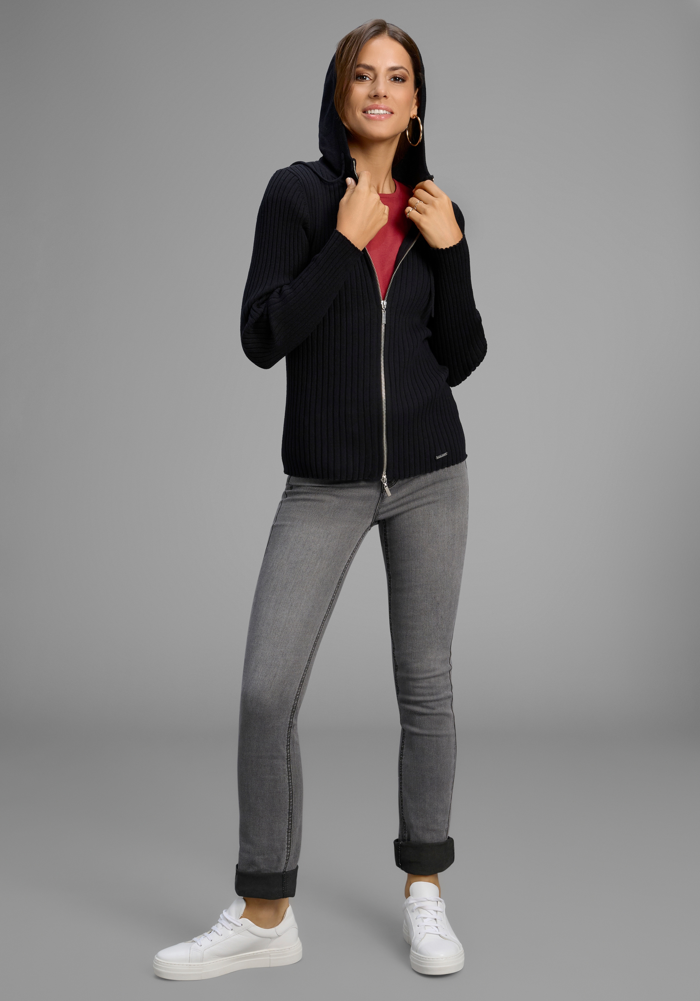 Laura Scott Kapuzenstrickjacke Feinstrick mit Rippe mit 2-Wege-Reissverschluss - NEUE KOLLEKTION