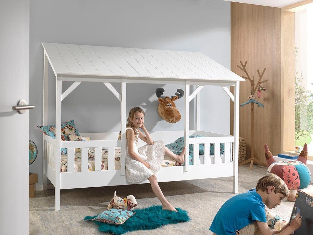 Vipack Lit d'enfant »Hausbett, aus MDF und Massivholz, Dach schwarz oder weiss« L/H/P env. 214,2x174x105,3 cm, avec encadrement périphérique,  au choix avec ou sans tiroir de lit sur roulettes