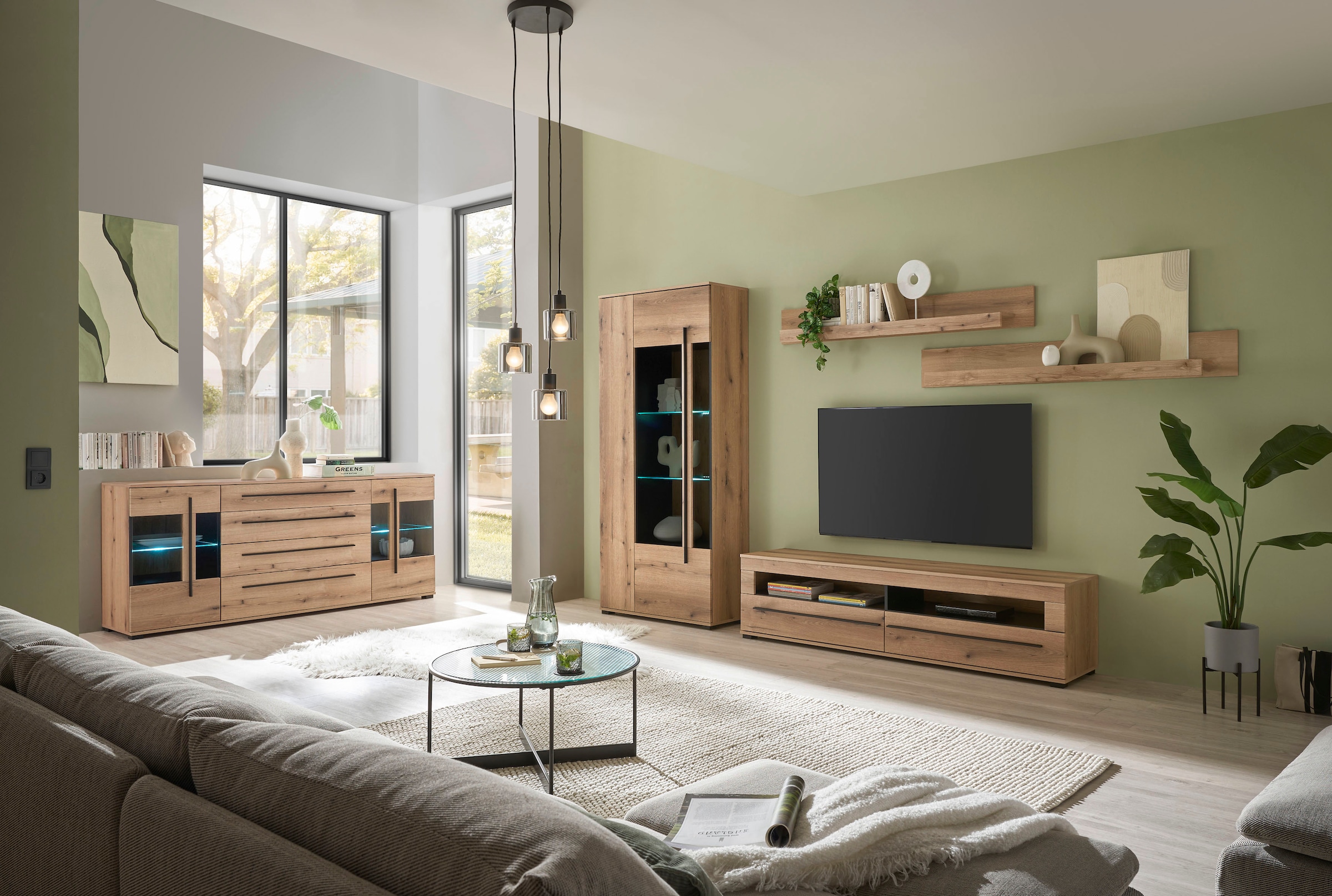 INOSIGN Wohnwand »Cantara, moderne Anbauwand, Wohnzimmer-Set, in Eiche Evoke oder Weiss«, (Set), enthält eine Vitrine, ein Lowboard und zwei Wandboards