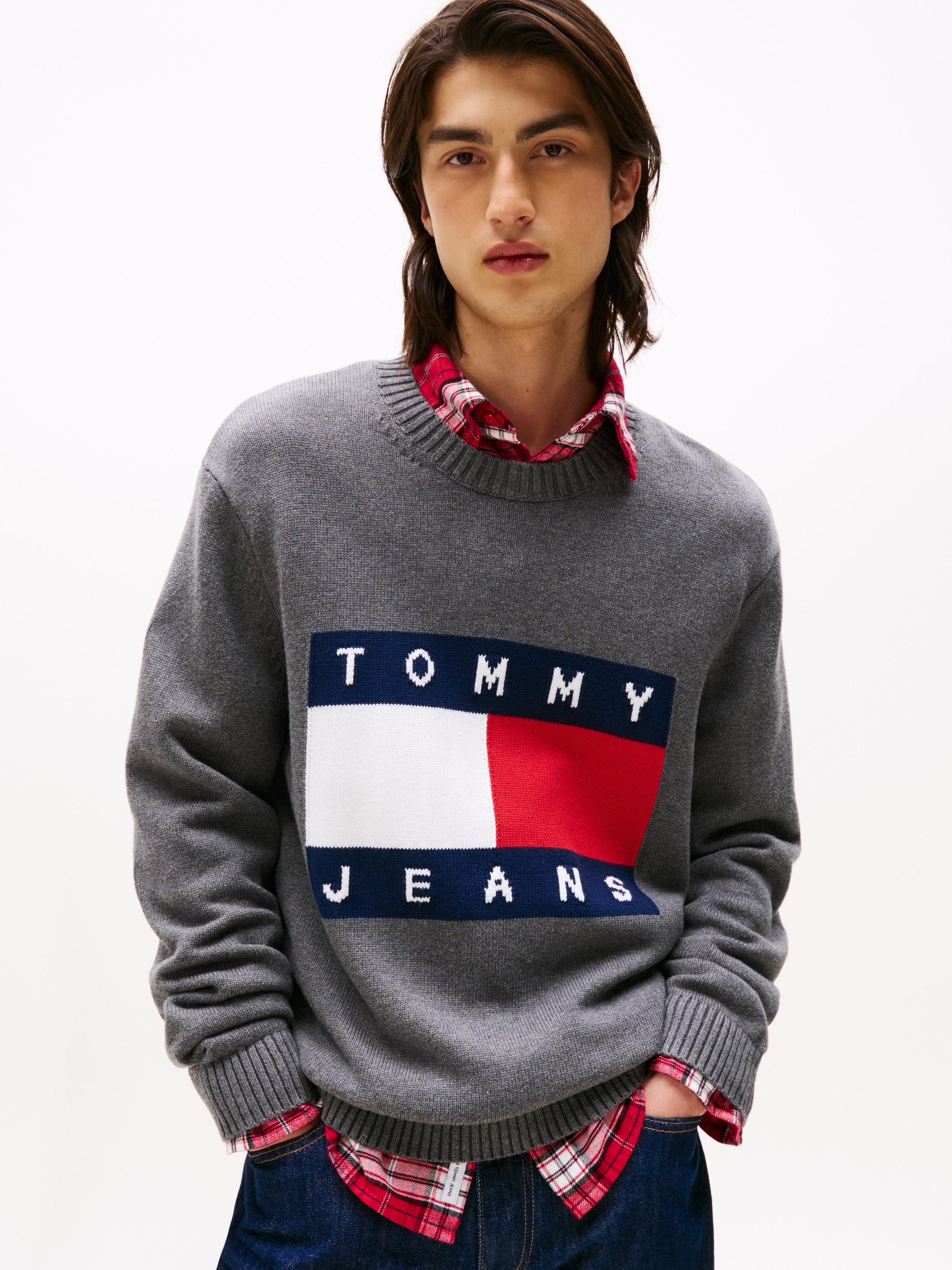 Image of Tommy Jeans Strickpullover "TJM MELANGE FLAG SWEATER" Regular Fit, Rundhals Retro Flag Classic