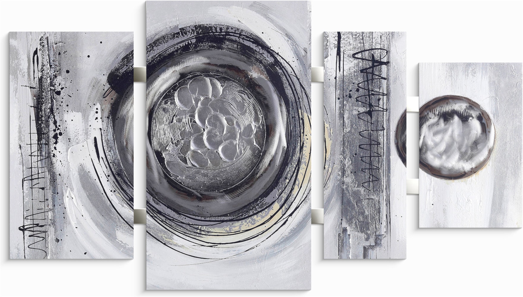 Image of Bönninghoff Ölgemälde "handarbeit 4-teilig KREISE GRAU 70x124 cm – Wandbild Deko" Abstrakt Abstrakte Formen Gemälde Kunst 1 Stk. tlg. handgefertigt, jedes Bild ein Unikat