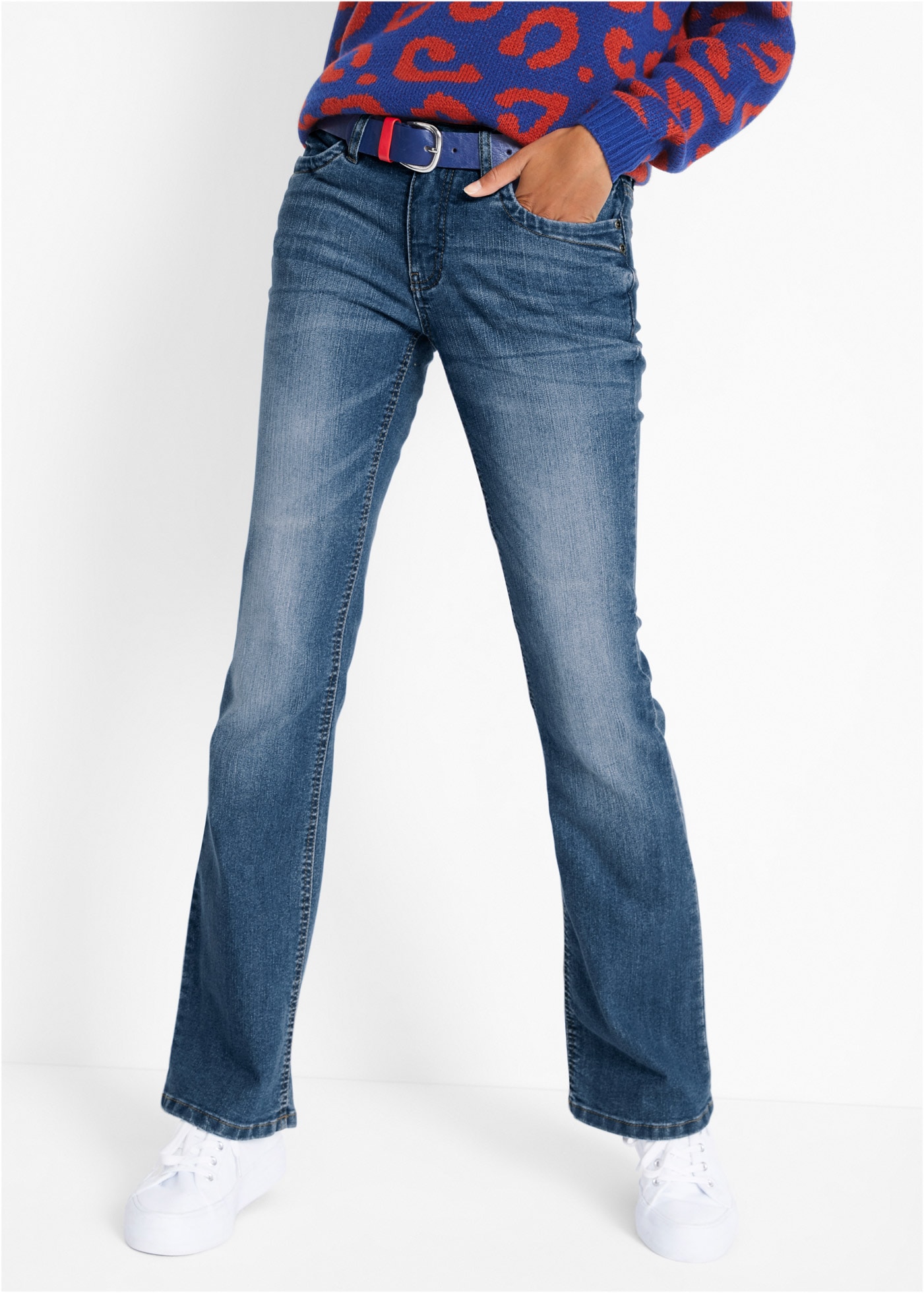 bonprix Bootcut-Jeans »Bootcut-Jeans Mid Waist, Komfort-Stretch« 5-Pocket-Stil, Boot-Cut, ausgestelltes Bein, normale Leibhöhe