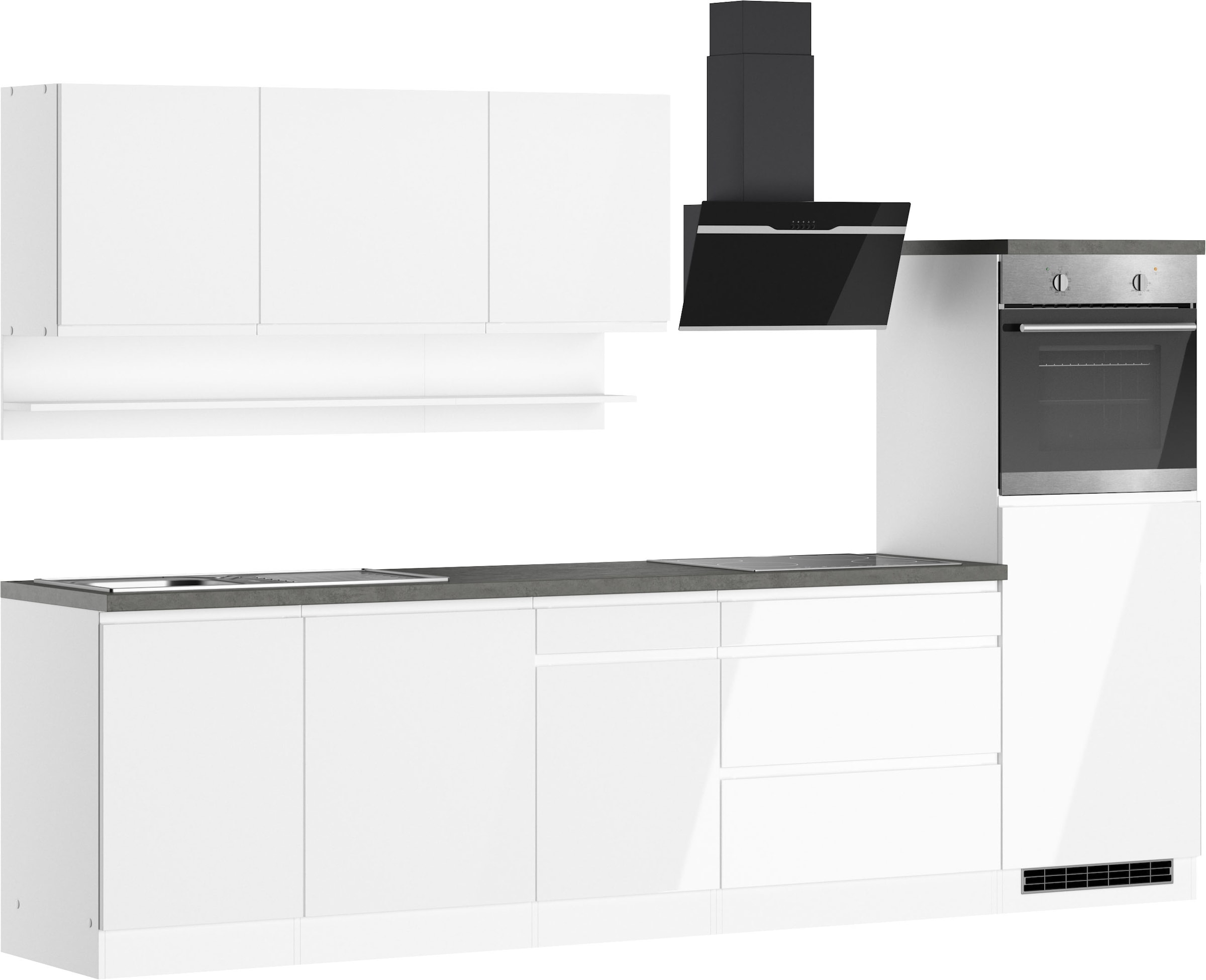KOCHSTATION Kitchenette »KS-Virginia,neu in verbesserter Ausführung« plan de travail épaisseur 38 mm, rangement, fermeture douce,  largeur 300 cm, fermeture douce, avec appareils électriques en option