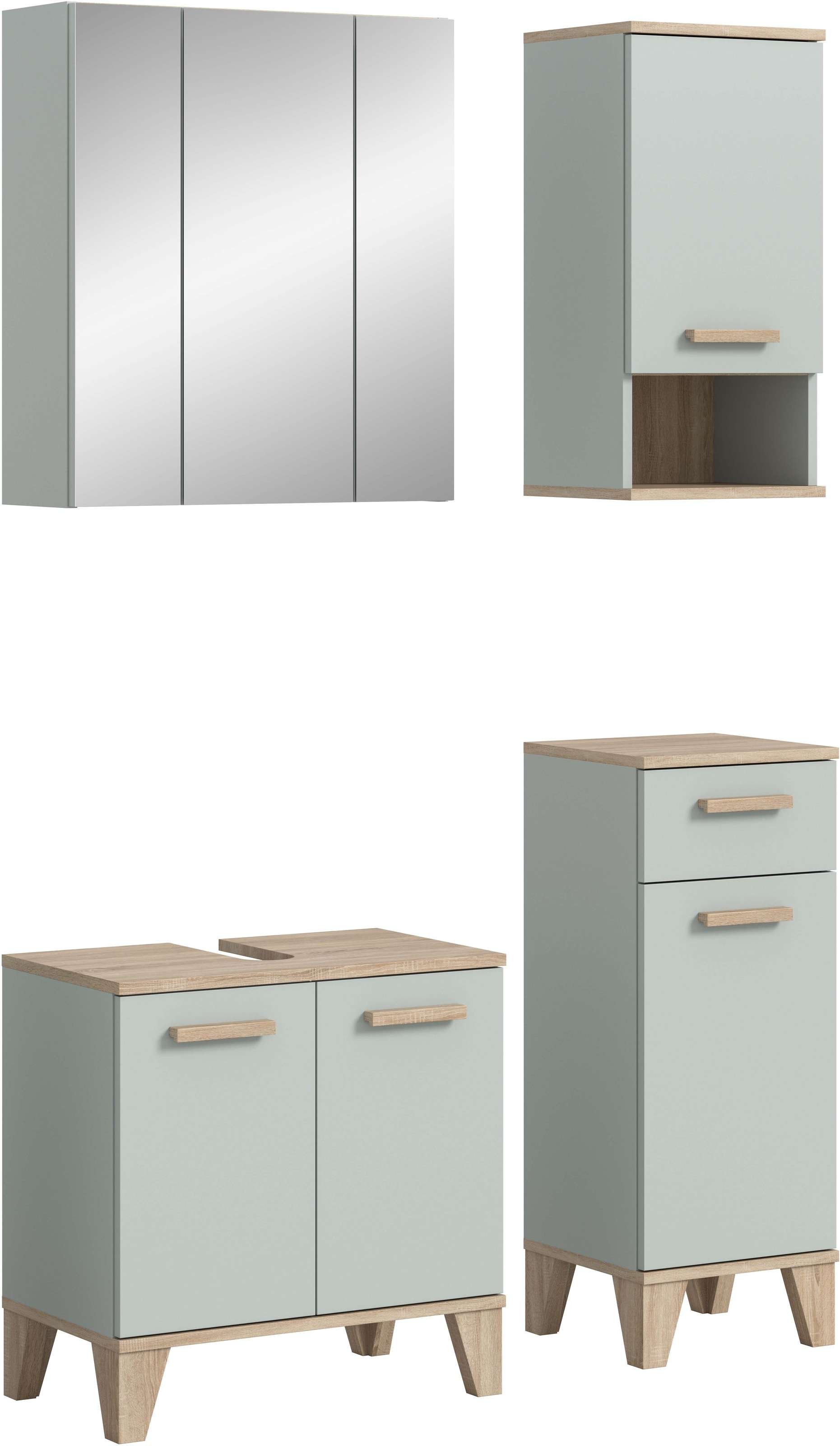 Image of welltime Badmöbel-Set "MINTTU, 4-teilige moderne Badkombination im SCANDI-Look" bestehend aus: Midischrank, WBU, Spiegelschrank, Hängeschrank, 4 Stk. tlg.