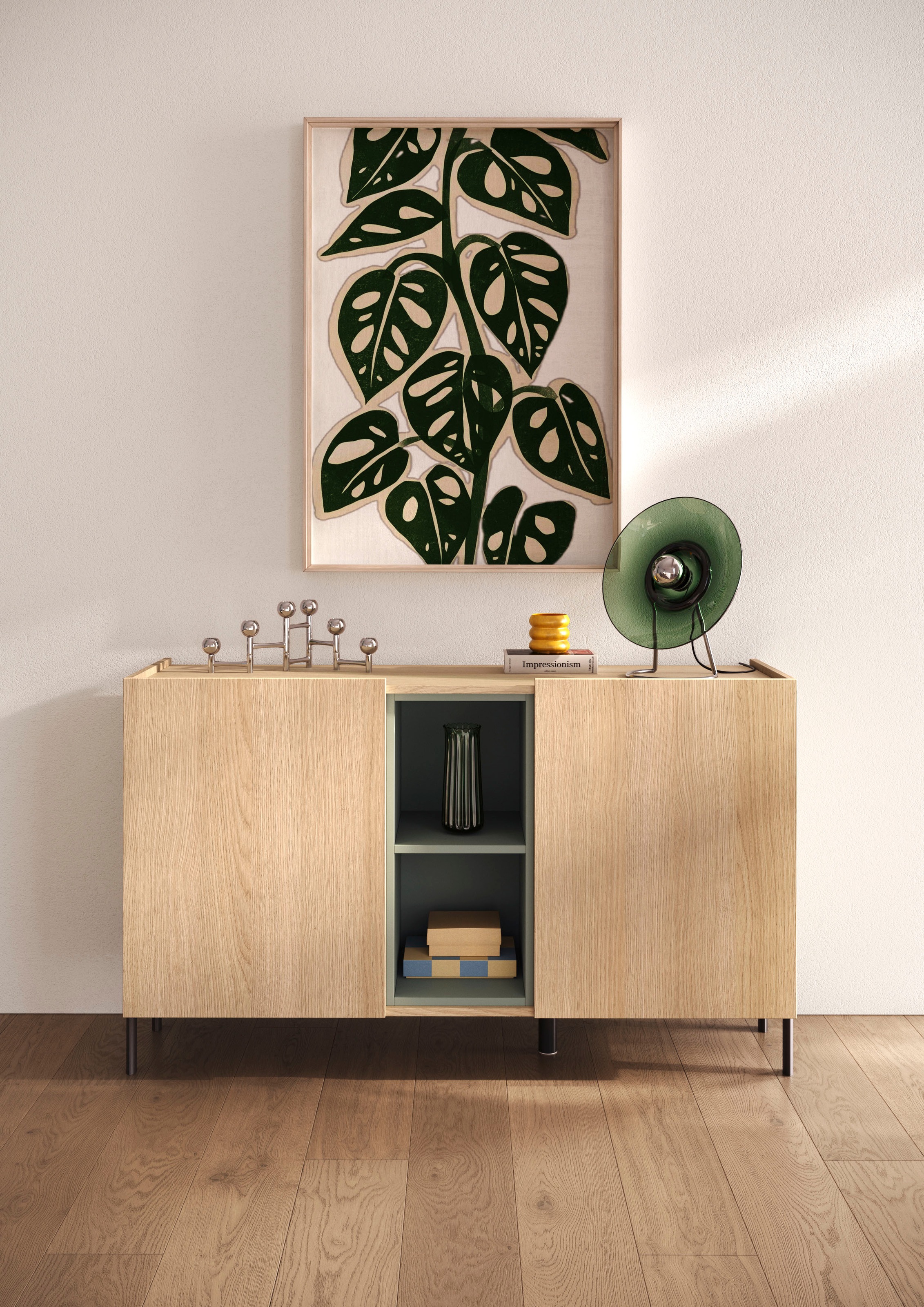 Image of GOODproduct Sideboard "Badia, 132 cm breit, 2 Türen, Anrichte, Kommode, Stauraumschrank" Innenliegendes Top, gerade Metallfüsse, salbeigrüne Farbakzente