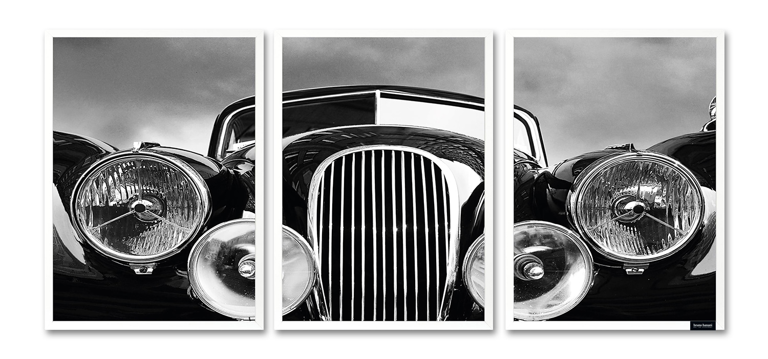Image of Bruno Banani Bild mit Rahmen "Oldtimer - Gerahmter Digitaldruck - Wandbild" Autos Kunst Schwarz-Weiss Set, 3er-Set, 1 Stk. tlg. 3x 30x40 cm - Holzrahmen - Dekoration - Weisser Rahmen - Triptychon