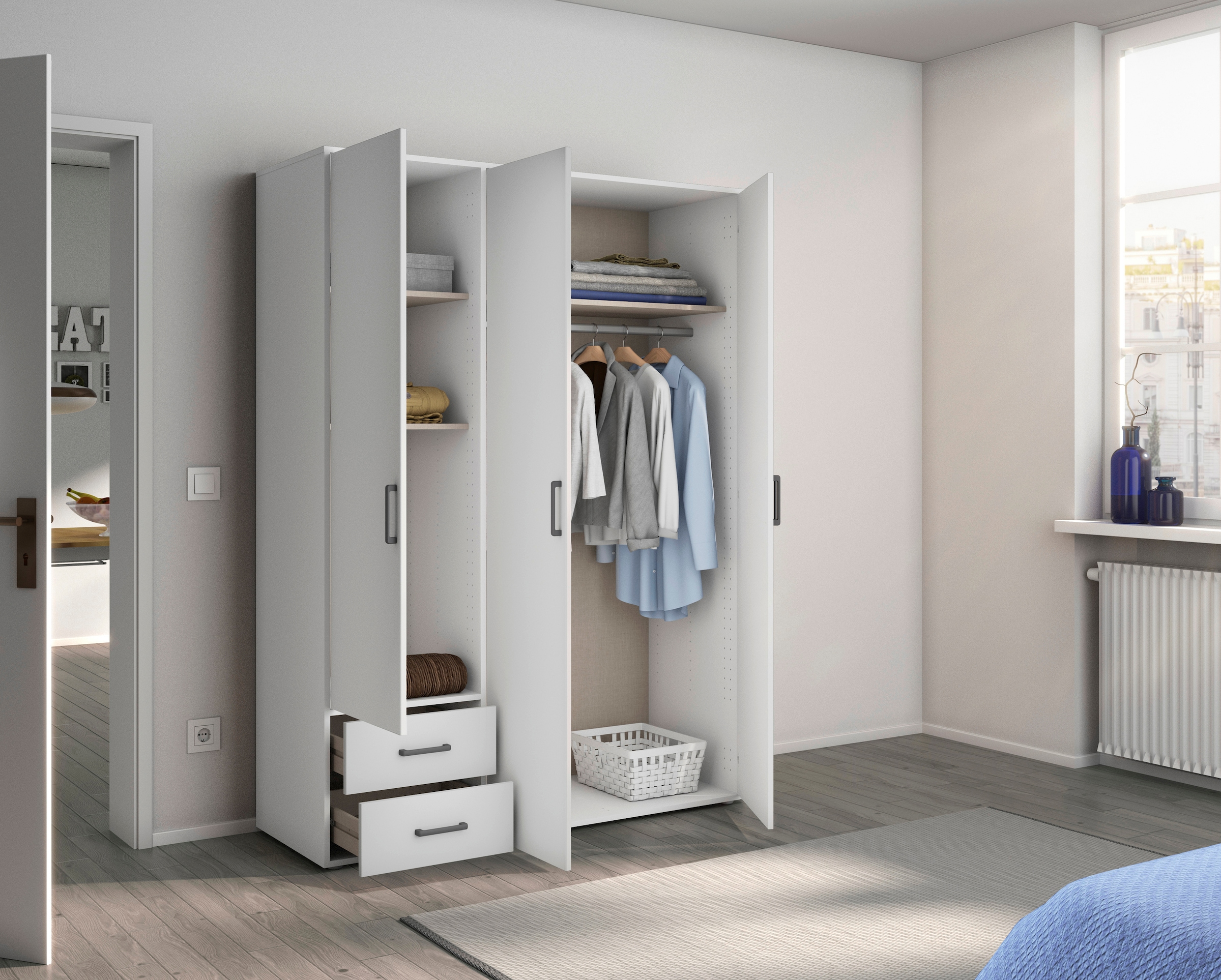 rauch Drehtürenschrank »Kleiderschrank Schrank Garderobe Wäscheschrank VOYAGER« in 3 verschiedenen Ausstattungen BASIC/CLASSIC/PREMIUM,  mit 2 modernen Griffvarianten, mit Aussenschubladen MADE IN GERMANY