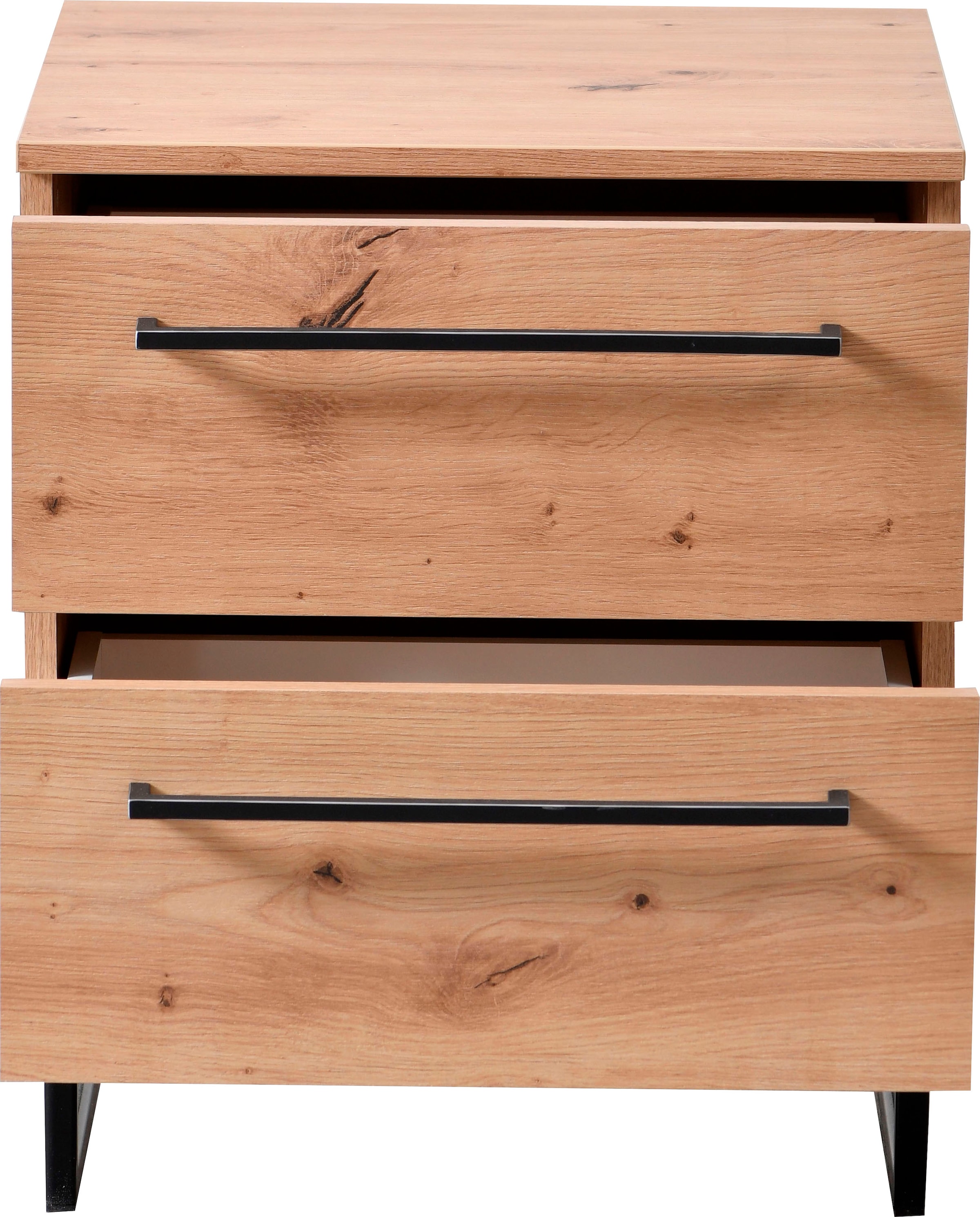 INOSIGN Nachtkommode »Sardinia, Nachtschrank, Masse (B/T/H): 45,5/35/54 cm«, (FSC-zertifizierter Holzwerkstoff), mit 2 Schubladen, Metallgriffe und Metallfüsse in Kufenform