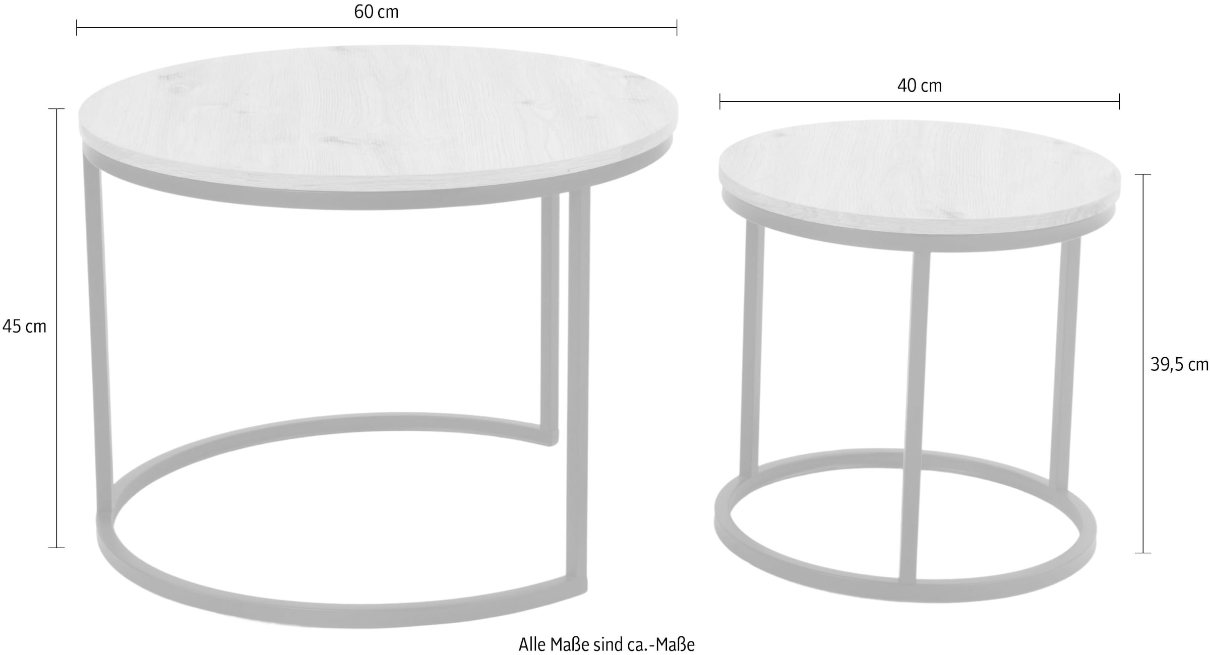 HELA Couchtisch »LINDAU« Set, 2er Set, 2 Stk. tlg. 2er Set,Tischplatten rund,MDF,Eicheoptik,Metallgestell,Dia 60+40cm