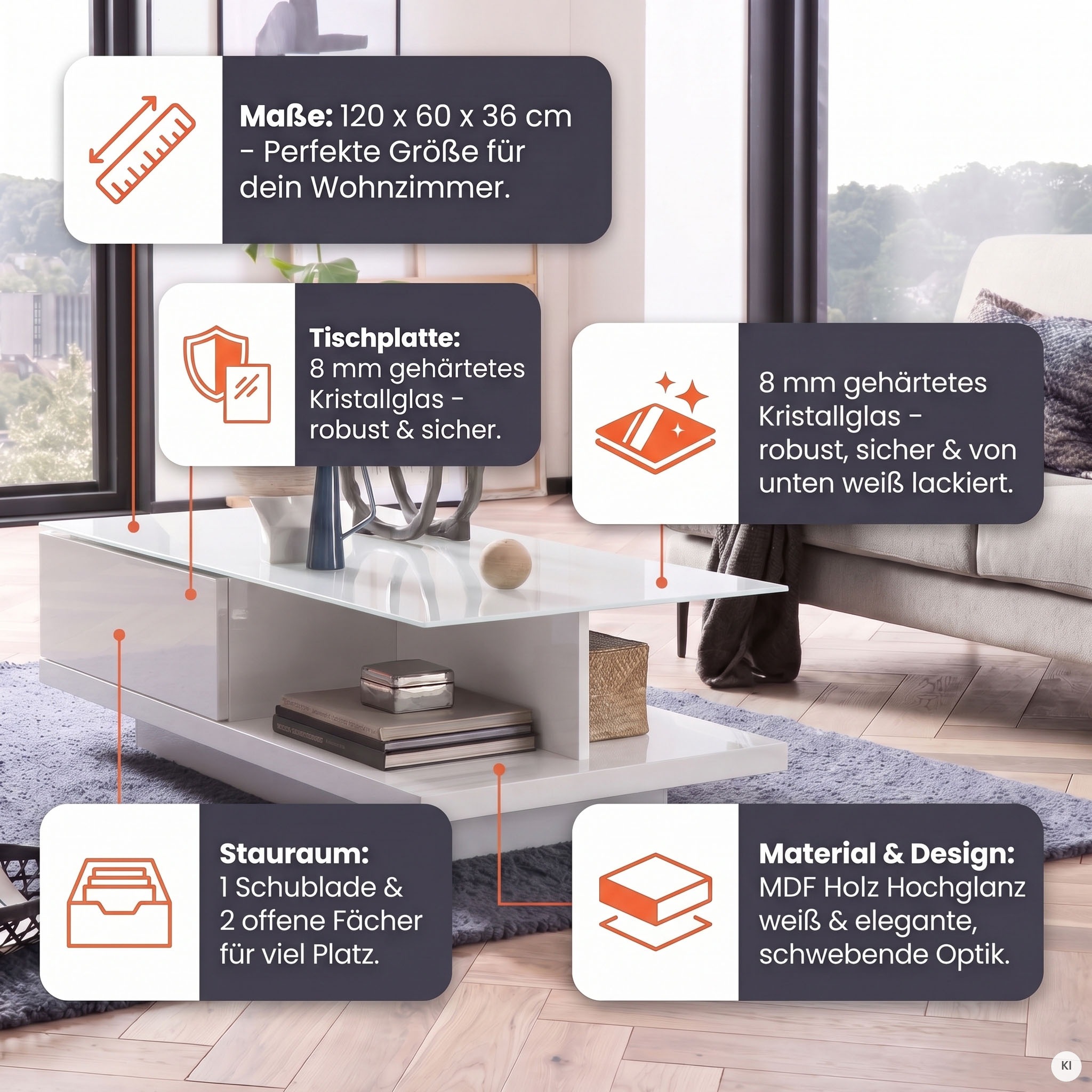SalesFever Couchtisch »im minimalistischen Stil« Elegante Tischplatte aus robustem Kristallglas