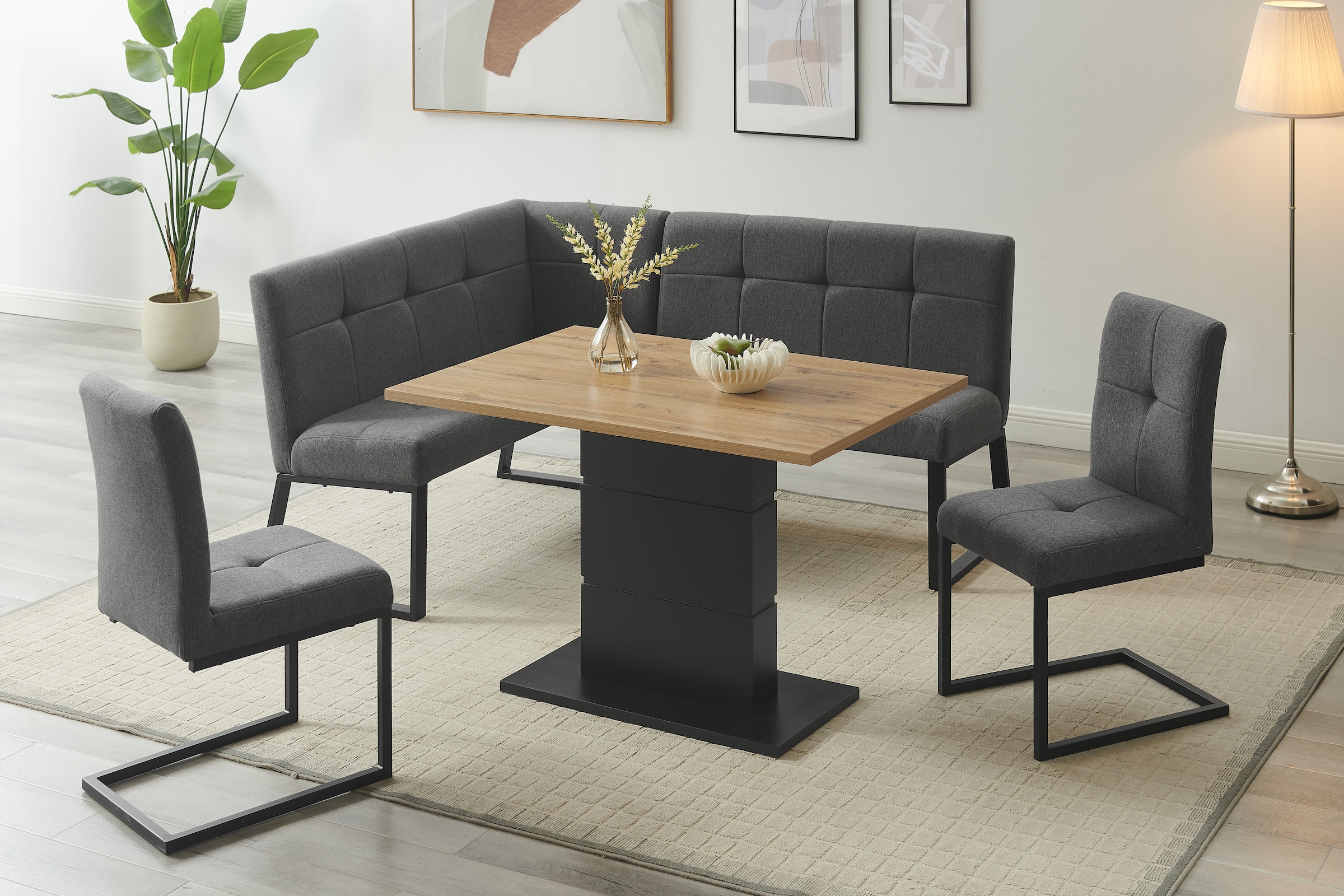 GOODproduct Eckbankgruppe »Geranie, Sitzgruppe, Eckbank inkl. Stauraum, Esstisch, 2 Freischwinger« Set, Eckbank inkl. Stauraum wahlweise links und rechts montierbar, 4 tlg. tlg. Eckbank wahlweise links und rechts montierbar