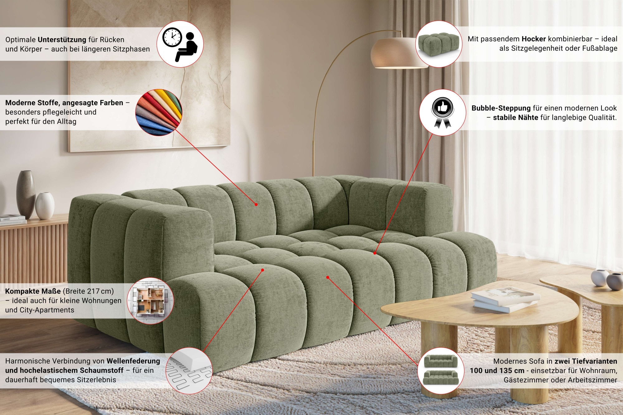 homsy by Ana Johnson 3-places »»XL« BOUBELLE Design-Sofa extra tief, Bubble-Optik, Breite 217 cm« hoher Sitzkomfort dank Wellenunterfederung,  XL Sitztiefe 100 cm