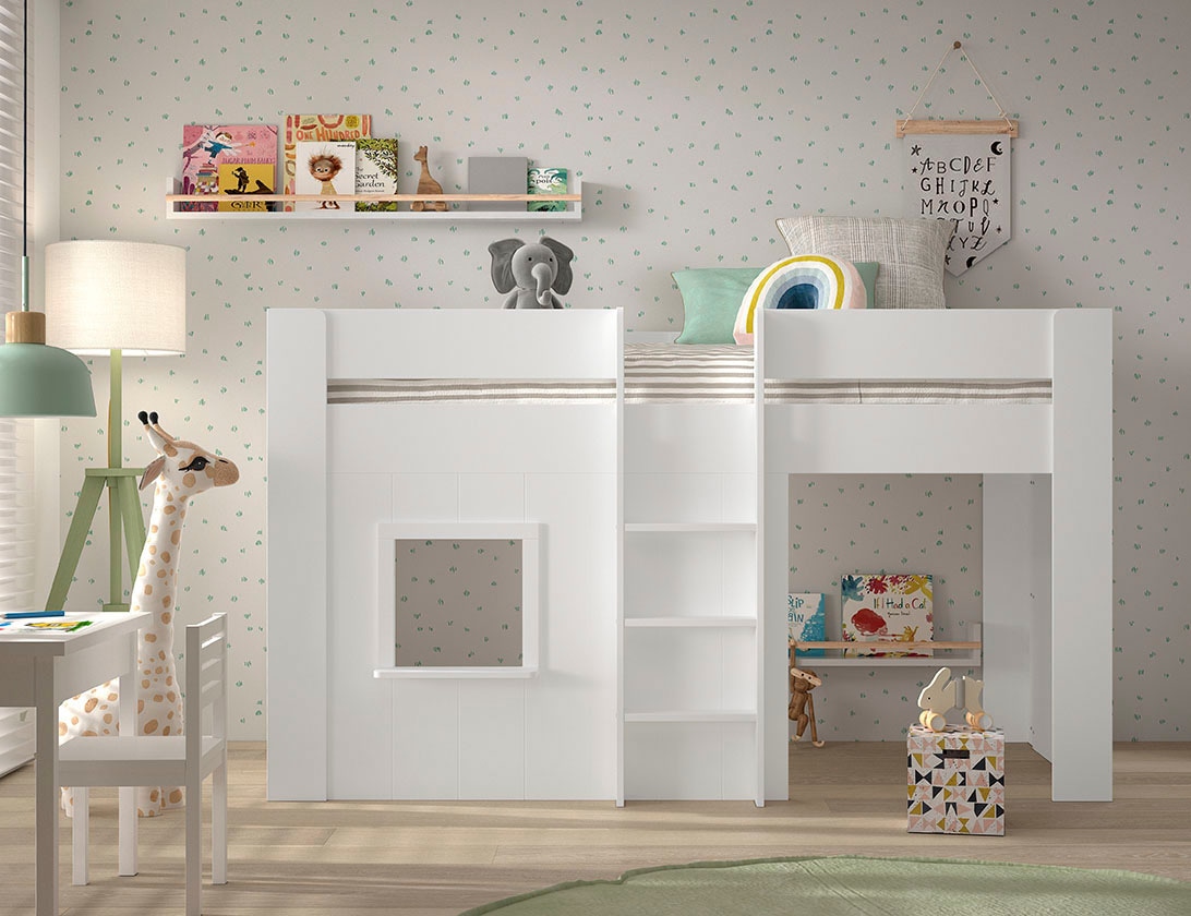 Vipack Lit superposé »Reno, ein tolles Hüttenbett mit hoher Standfestigkeit, weiss lackiert« L/H/P env. 206x120,1x105 cm, échelle centrale, fenêtre et protection anti-chute,  incl. sommier à lattes roulantes, arrière ouvert et aire de jeu sous le lit