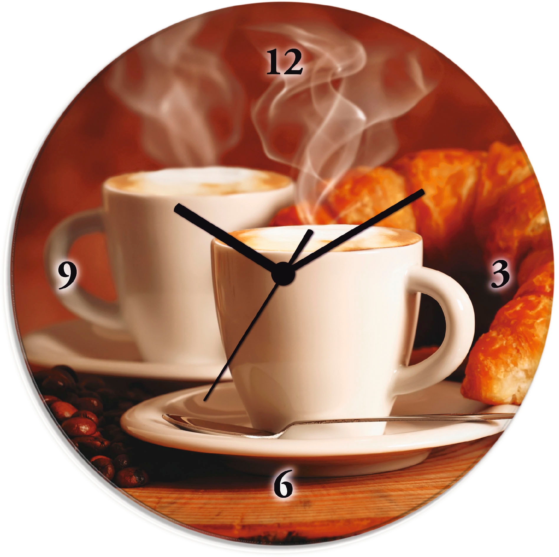 Image of Artland Wanduhr "Dampfender Cappuccino und Croissant" wahlweise mit Quarz- oder Funkuhrwerk, lautlos ohne Tickgeräusche