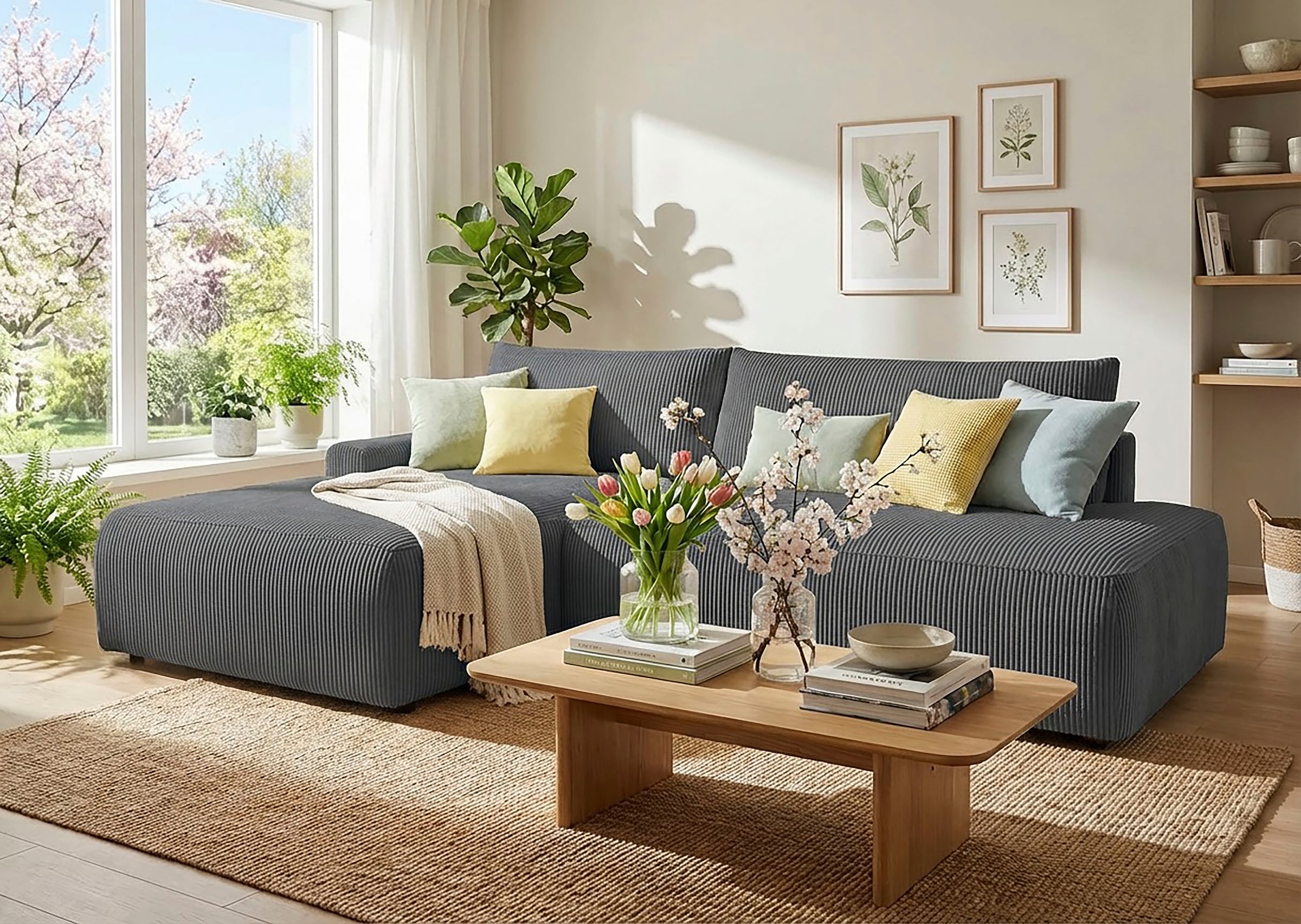Image of TRENDMANUFAKTUR Ecksofa "Prag, Schlafsofa mit Bettkasten, Couch in L-Form, Breite 253 cm" in Cordstoff HYPER, dunkelgrau, Recamiere links