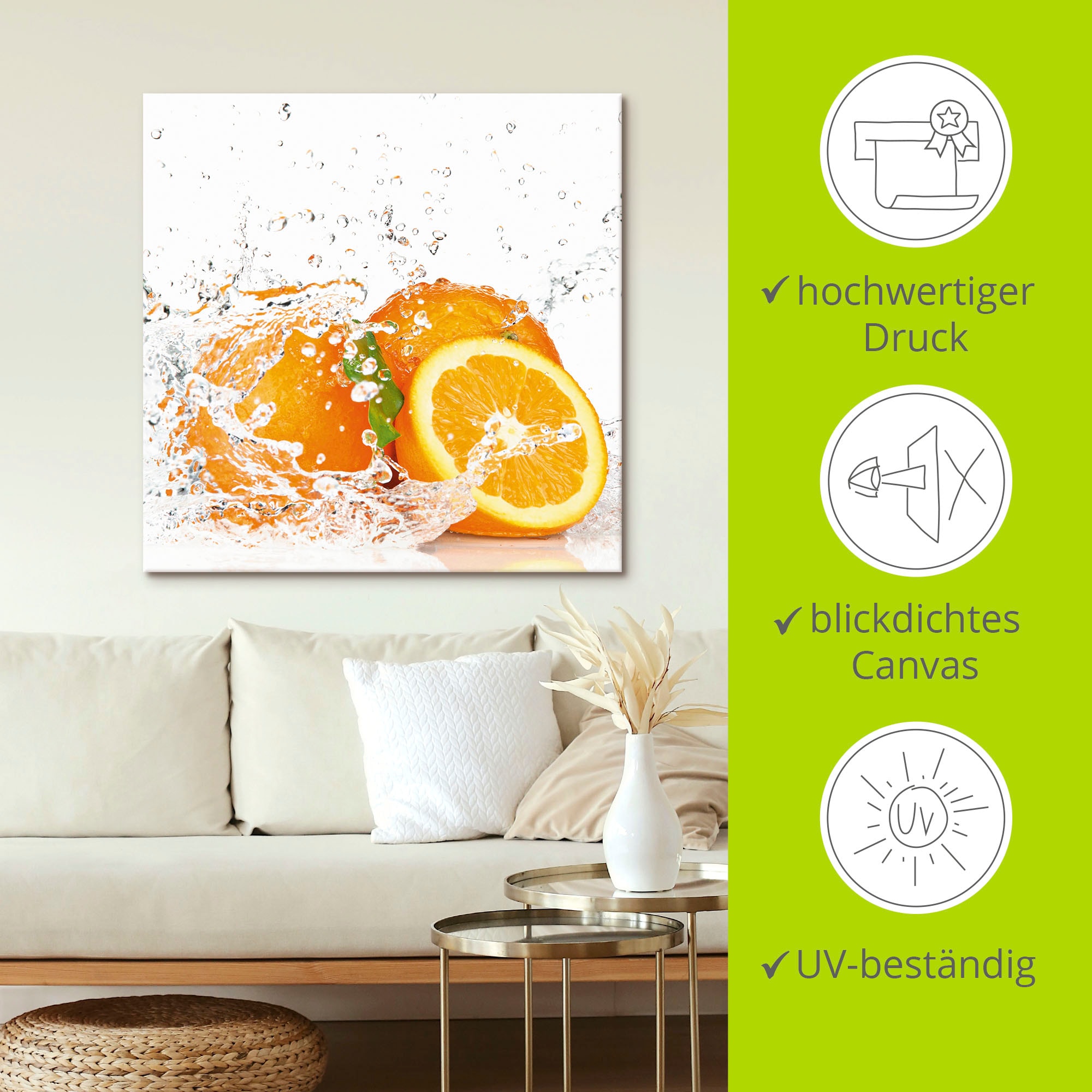 Artland Wandbild »Orange mit Spritzwasser«, Süssspeisen, (1 St.), als Leinwandbild, Poster, Wandaufkleber in verschied. Grössen